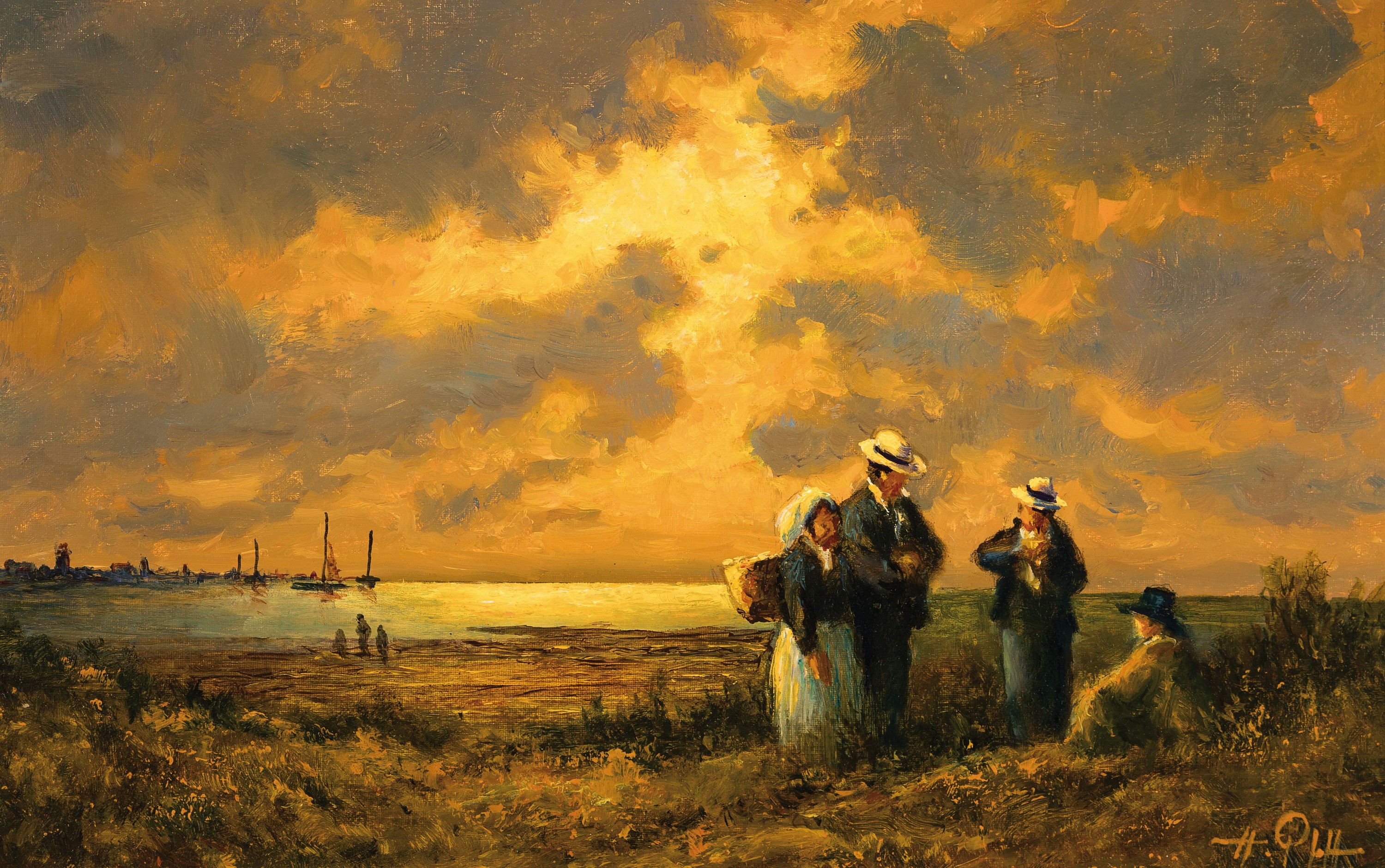 Hans Pfaff, 1939-2019, Menschengruppe in den Dünen bei Sonnenuntergang, Öl/Holz, rechts unten sign., ca. 20x30cm, R. ca. 33x44cm