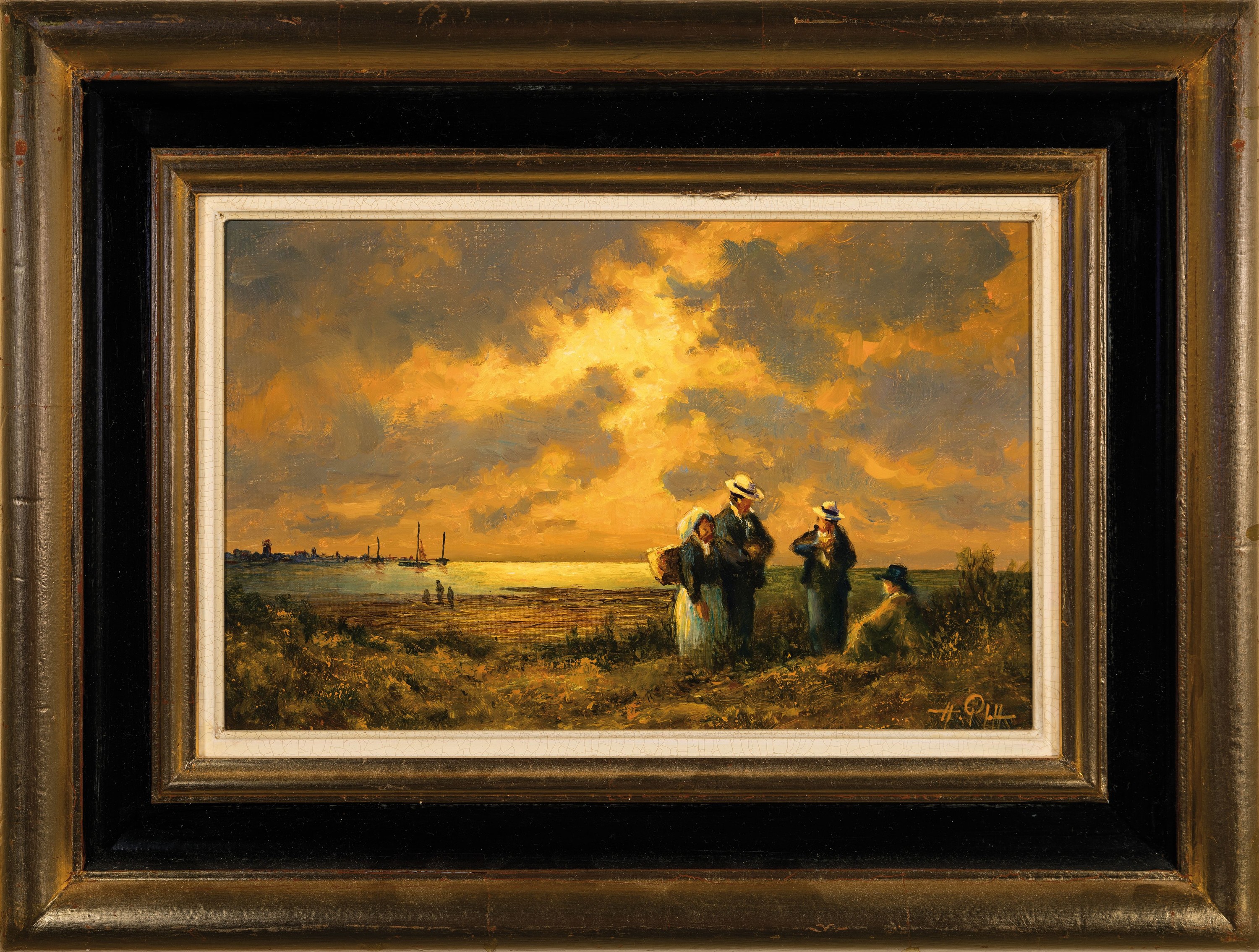 Detail k: Hans Pfaff, 1939-2019, Menschengruppe in den Dünen bei Sonnenuntergang, Öl/Holz, rechts unten sign., ca. 20x30cm, R. ca. 33x44cm