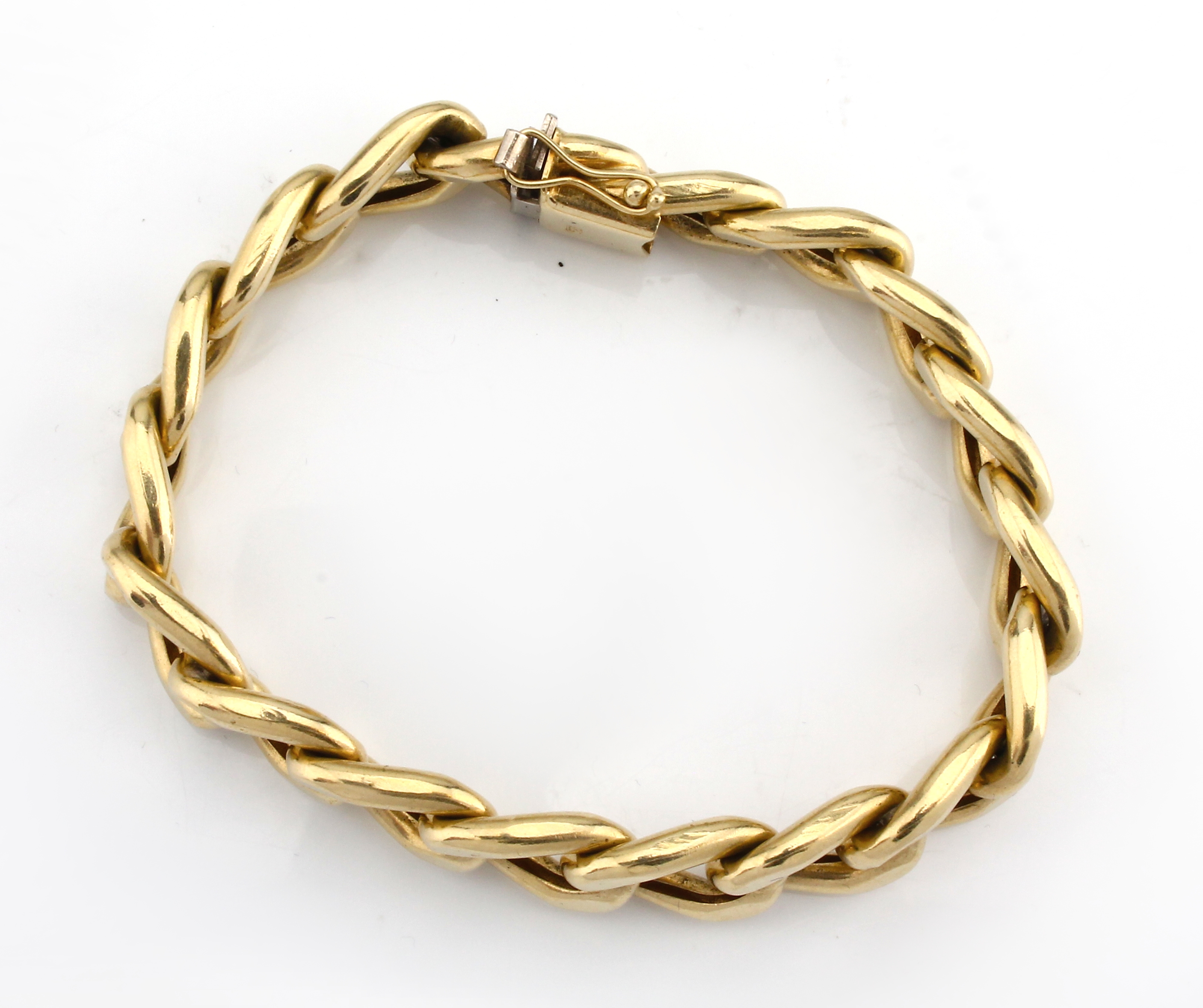 Detail b: 14 kt Gold Armband, GG 585/000, Glieder hohl gearbeitet, L. ca. 19 cm, Kastenschloss mit Sicherheitsacht, ca. 23.1 g