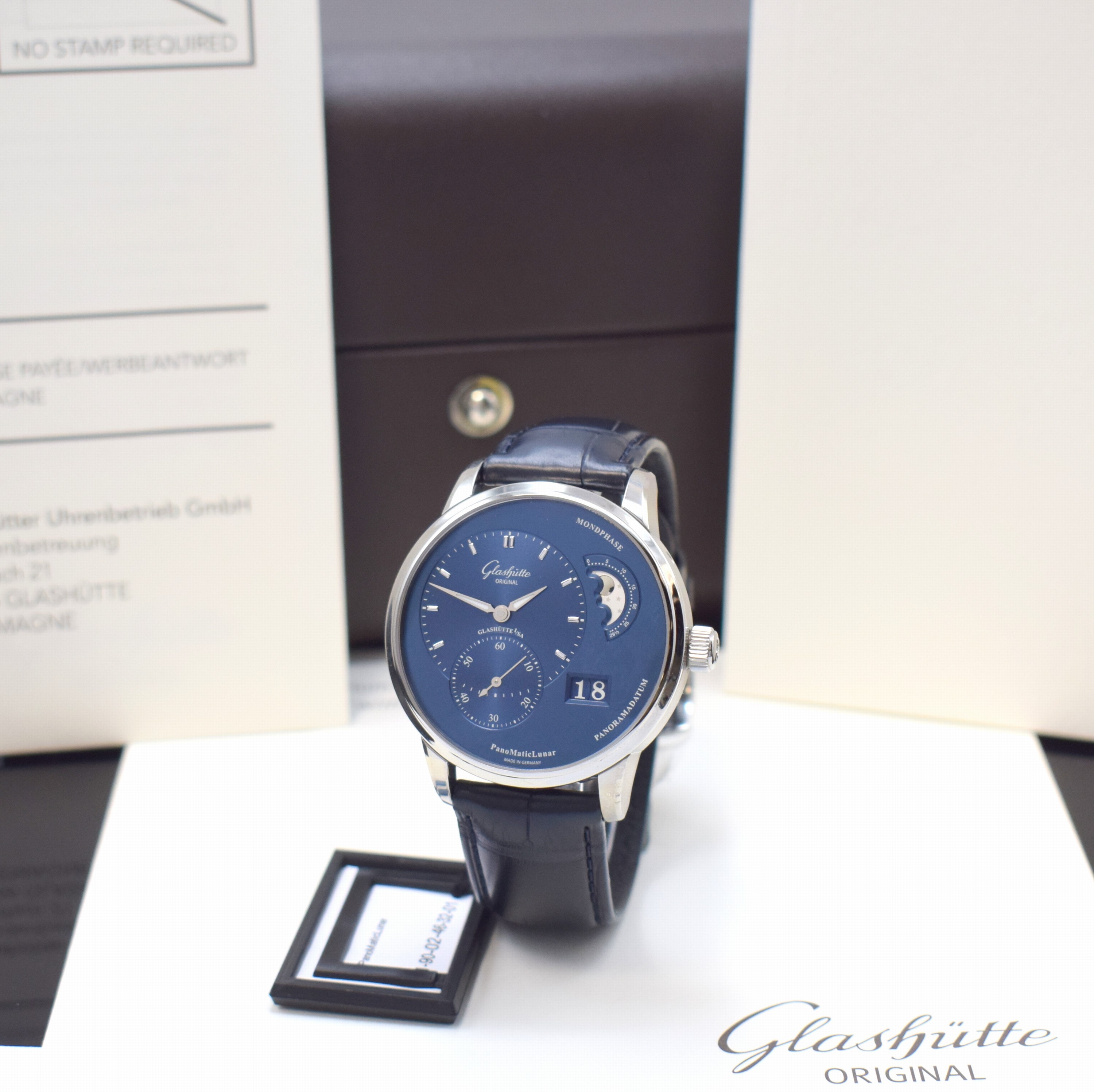 GLASHÜTTE ORIGINAL ungetragene, nahezu neuwertige Herrenarmbanduhr PanoMaticLunar Referenz 1-90-02-46-32-01, Automatik, beids. vergl. Edelstahlgeh. ...