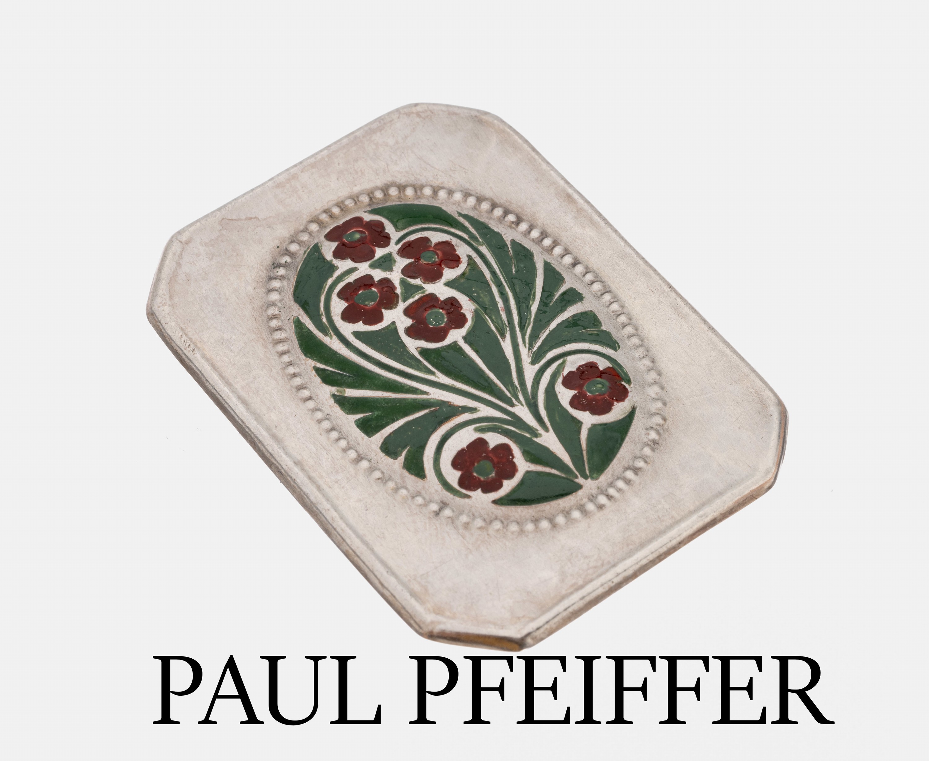 Jugendstil-Anhänger, um 1900-1910, 900er Silber, okotogonale Grundform, mittig florale Gestaltung mit rotem und grünem Hartlack, Hersteller PETER ...