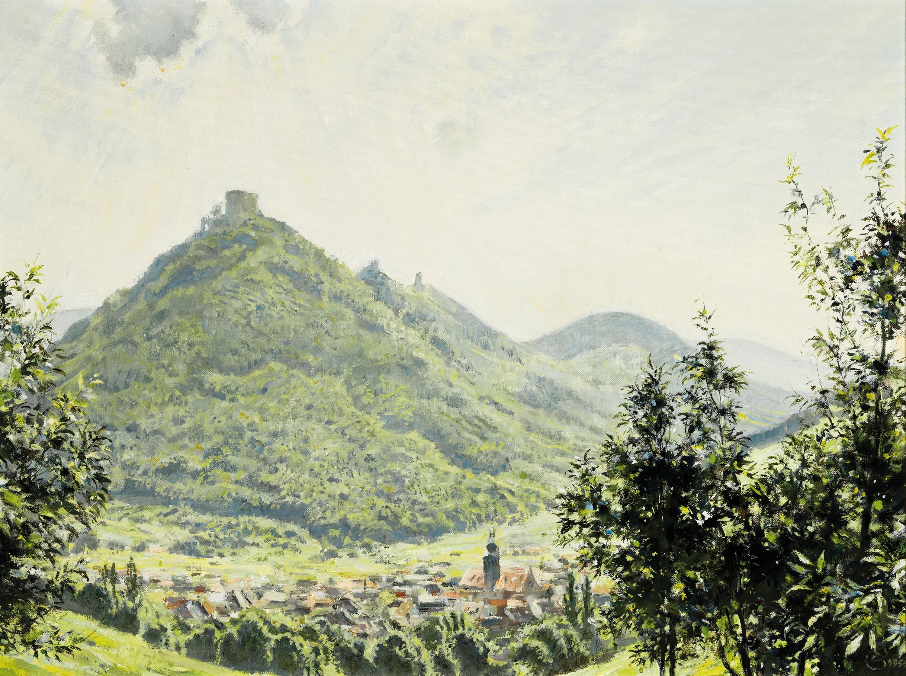 Unbekannter pfälzer Künstler des 20.Jh., Ansicht von Annweiler und dem Trifels, rechts unten monogrammiert und datiert 1955, Öl/Lwd, 60x80 cm, ...