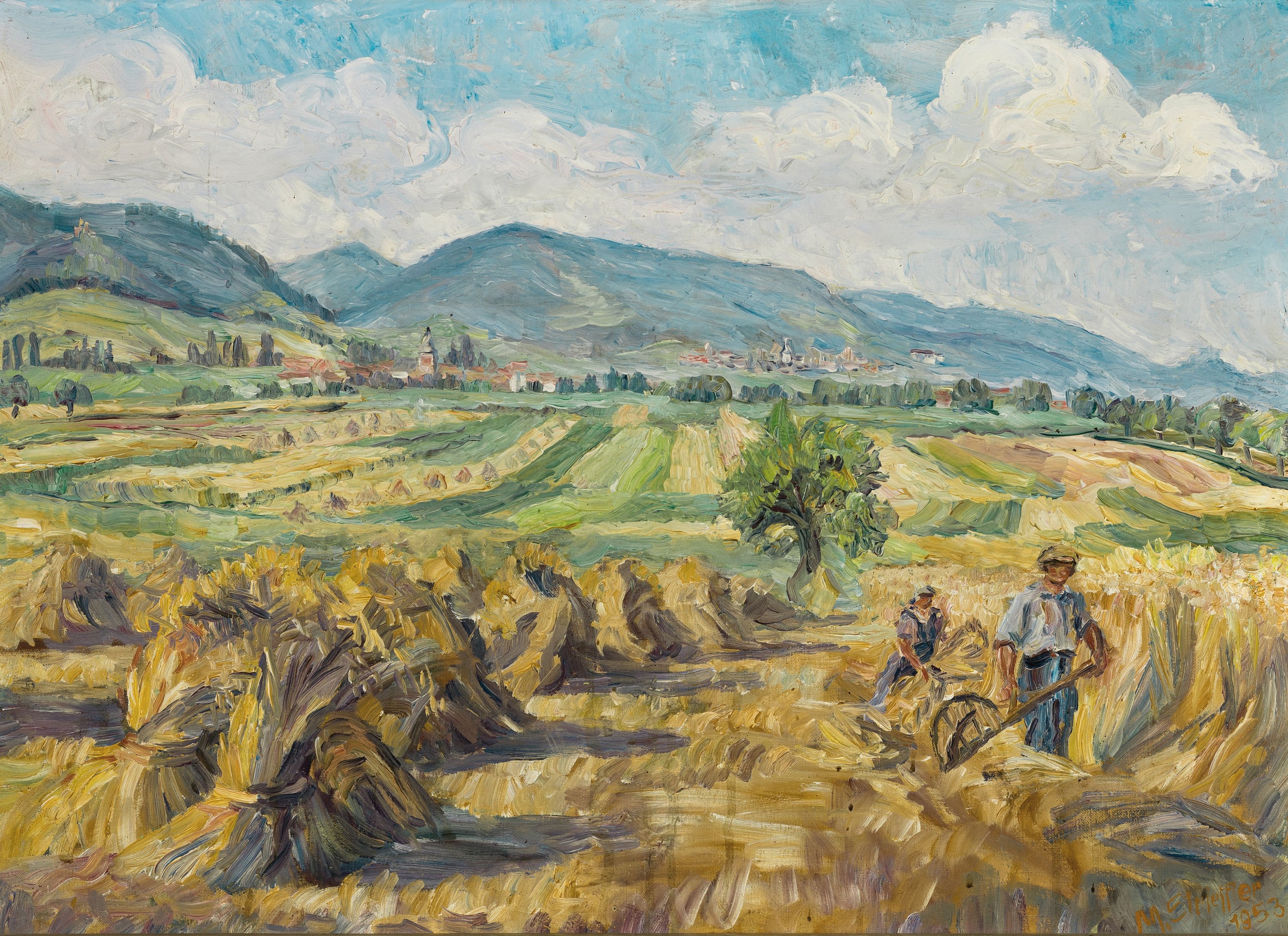 Marie Strieffler, 1917-1987 Landau, Heuerntebei Rhodt, rechts unten signiert 1953, Öl/Lwd,48x65 cm, Rahmen 56x73 cm