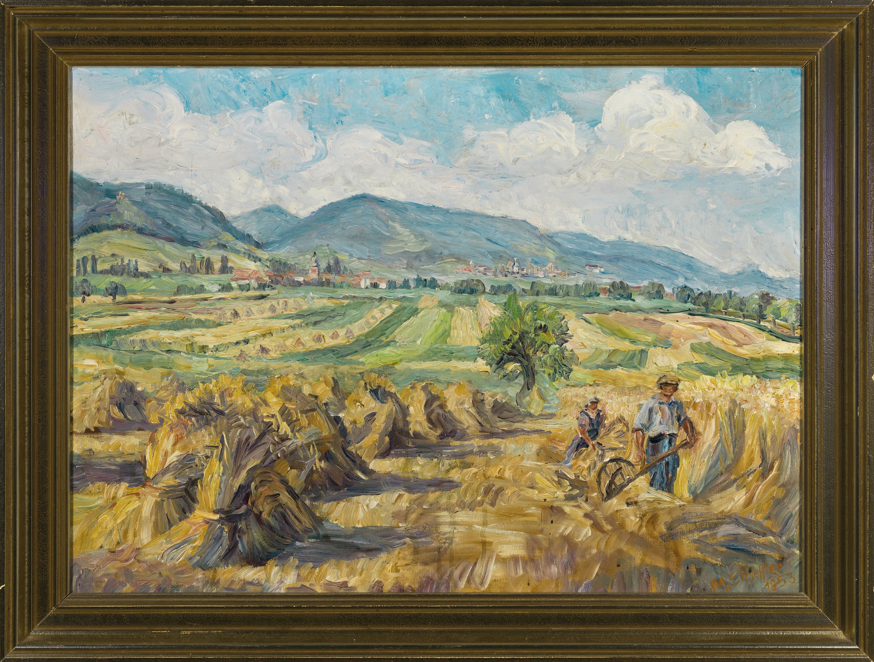Detail k: Marie Strieffler, 1917-1987 Landau, Heuerntebei Rhodt, rechts unten signiert 1953, Öl/Lwd,48x65 cm, Rahmen 56x73 cm