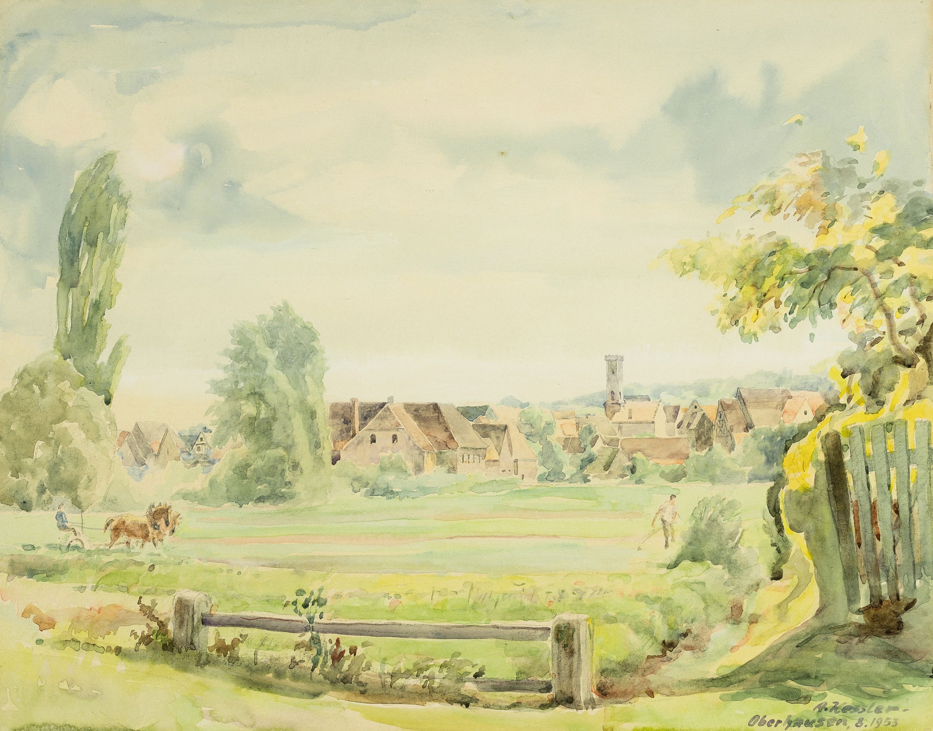 Adolf Kessler, 1890-1974 Godramstein, Aquarell, "Oberhausen", pflügender Bauer vor Stadtsilhouette, signiert und datiert 1953, unter Glas ...
