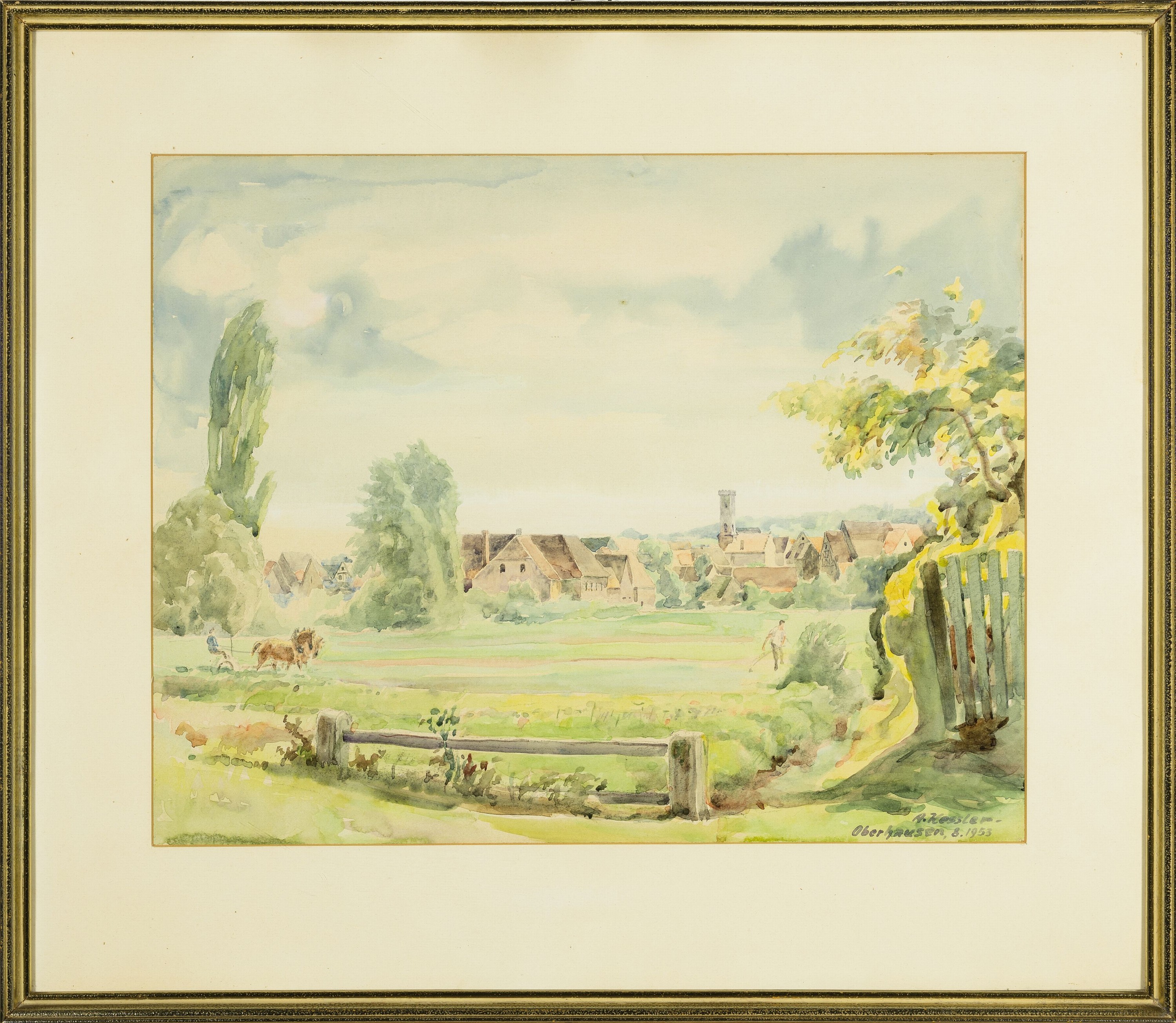 Detail k: Adolf Kessler, 1890-1974 Godramstein, Aquarell, "Oberhausen", pflügender Bauer vor Stadtsilhouette, signiert und datiert 1953, unter Glas ...