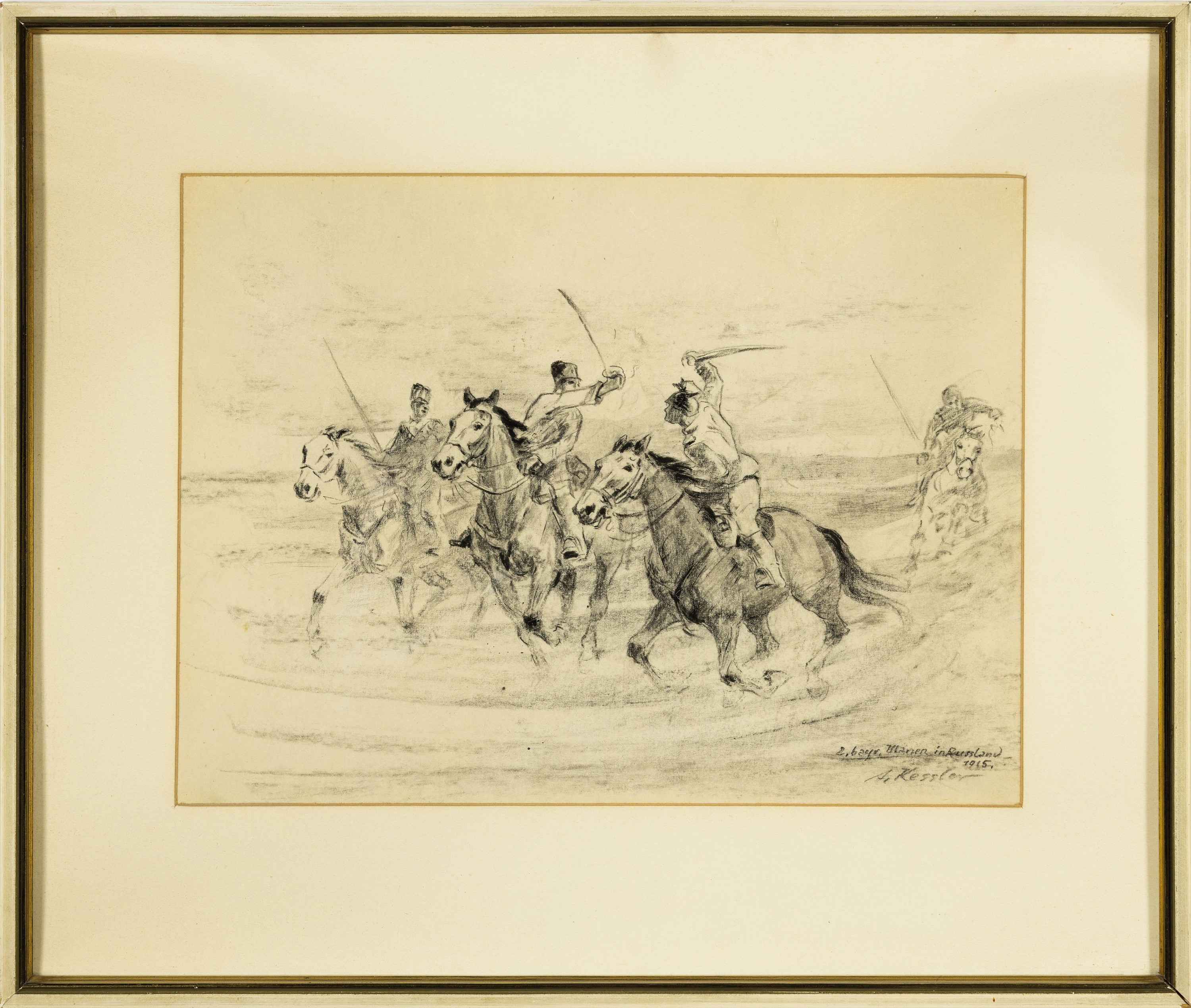 Detail k: Adolf Kessler, 1890 Godramstein-1974, Bleistiftzeichnung, "2. bayr. Ulanen in Russland, 1915" rechts unten signiert, auf händischer verso ...