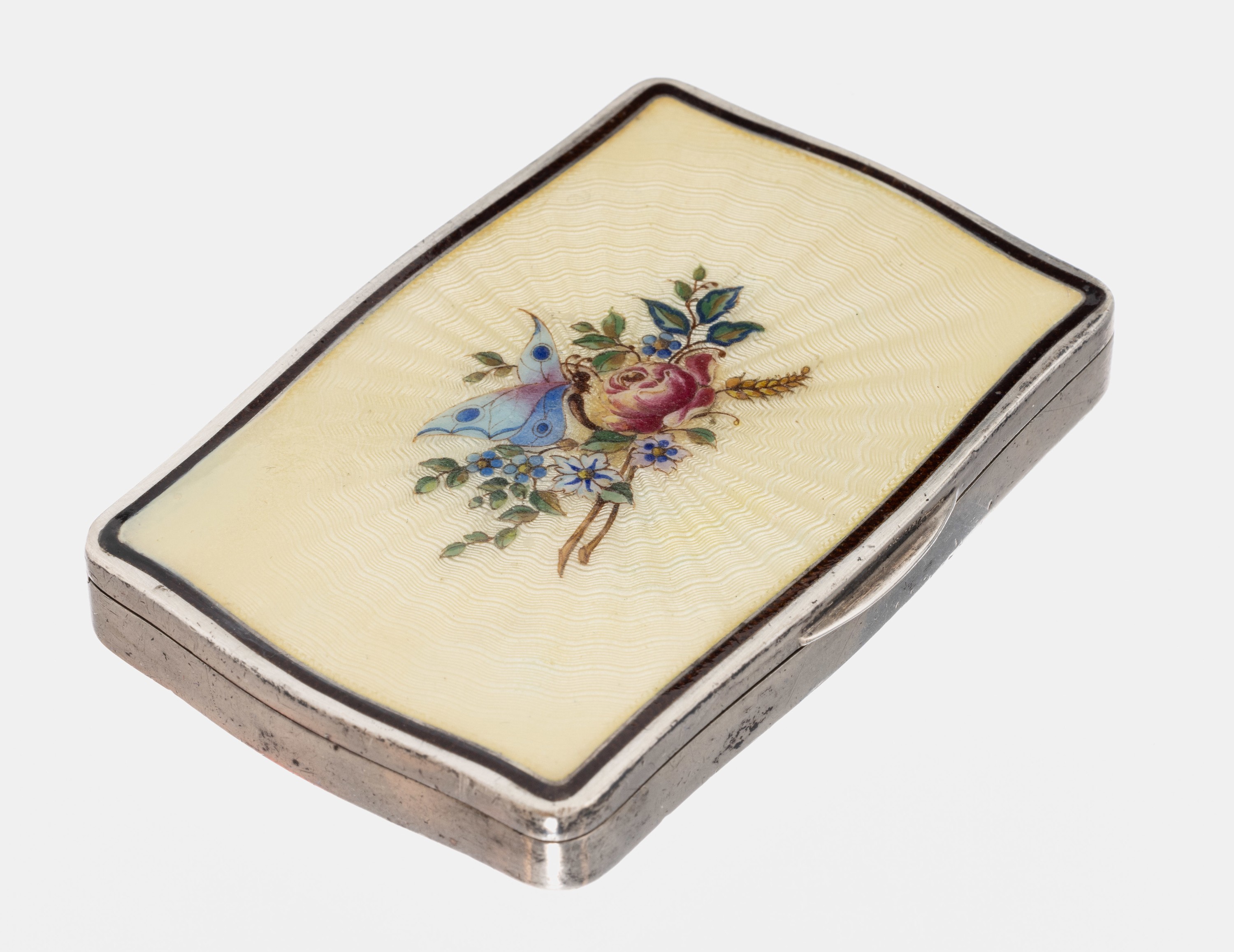 Deckeldose, 935er Silber, Deckel mit transluzidem weißem Email auf guillochiertem Grund, mit Blumenmalerei, ca. 7.8 x 5 cm, ca. 138.6 g, ...