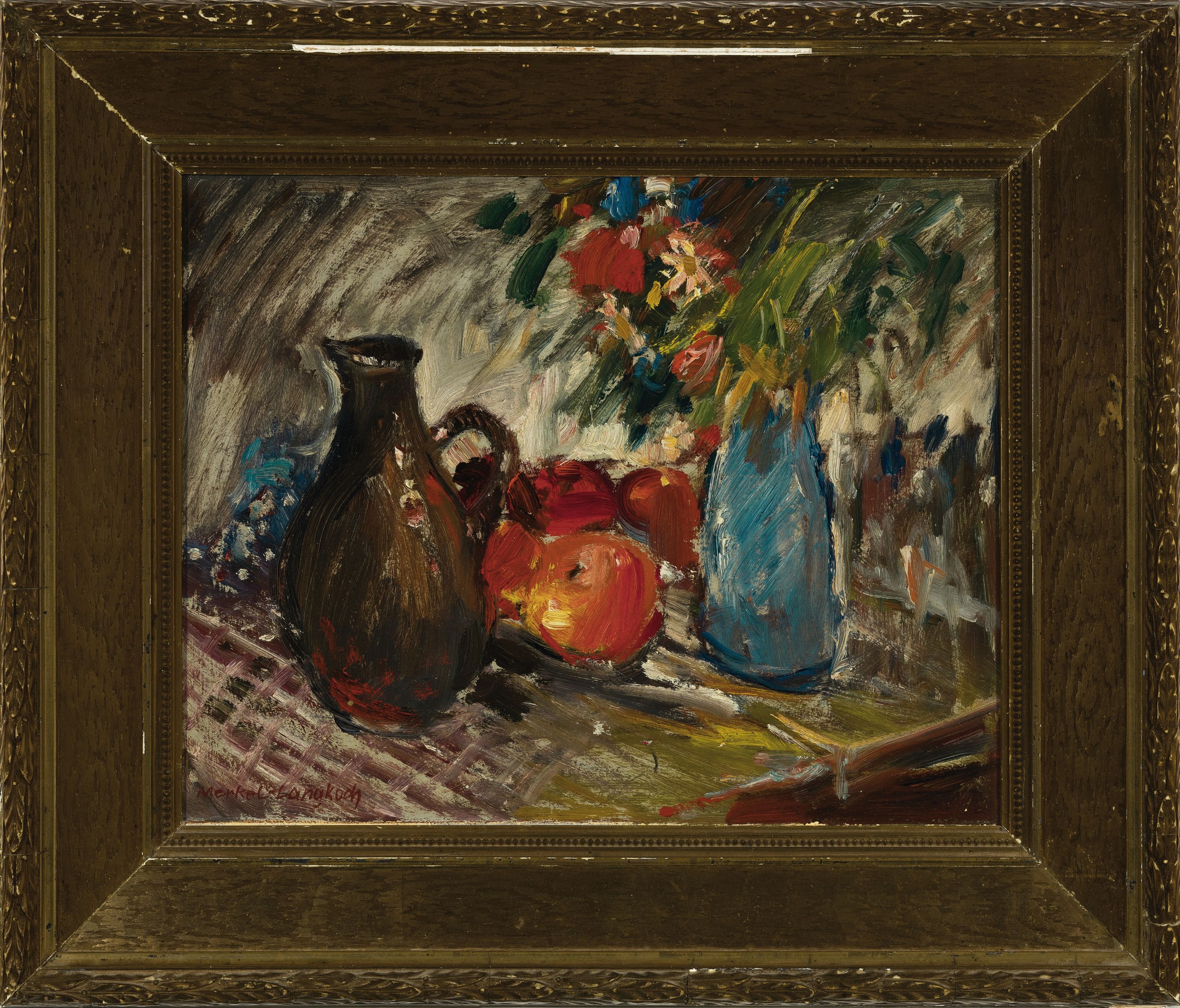 Detail k: Adolf Merkel-Langkoch, geb. 1900 in Schwetzingen, Stillleben mit Krug, Blumen und Äpfeln, Öl/Malkarton, links unten signiert, ca. 28x36cm, R. ca. ...