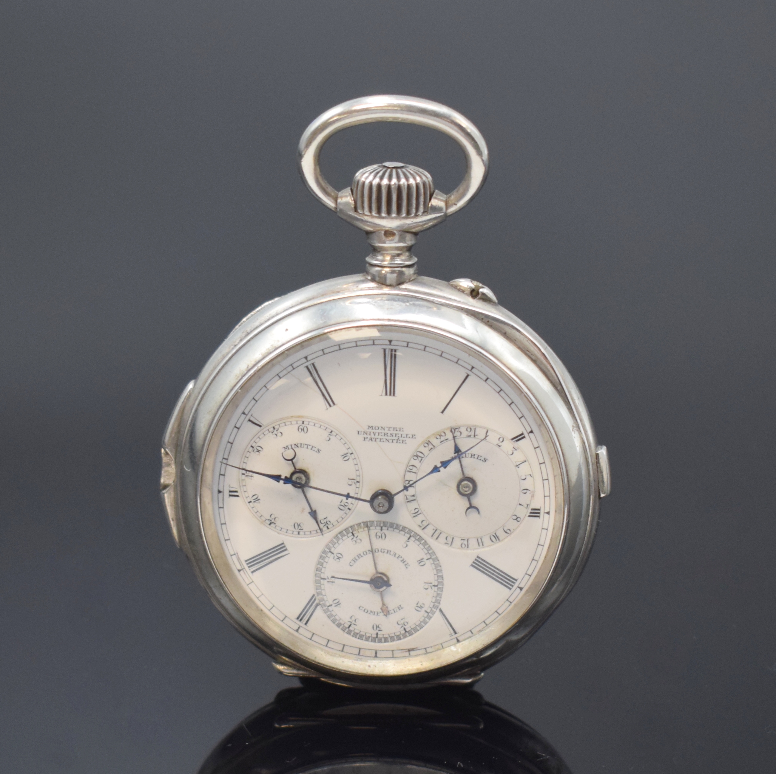 BOVET Montre Universelle Taschenuhr mit Alleszähler in Silber, Schweiz um 1900, guill. Geh. dell., Start/Stopp-Schieber b. 3, Nullstelldrücker b. ...
