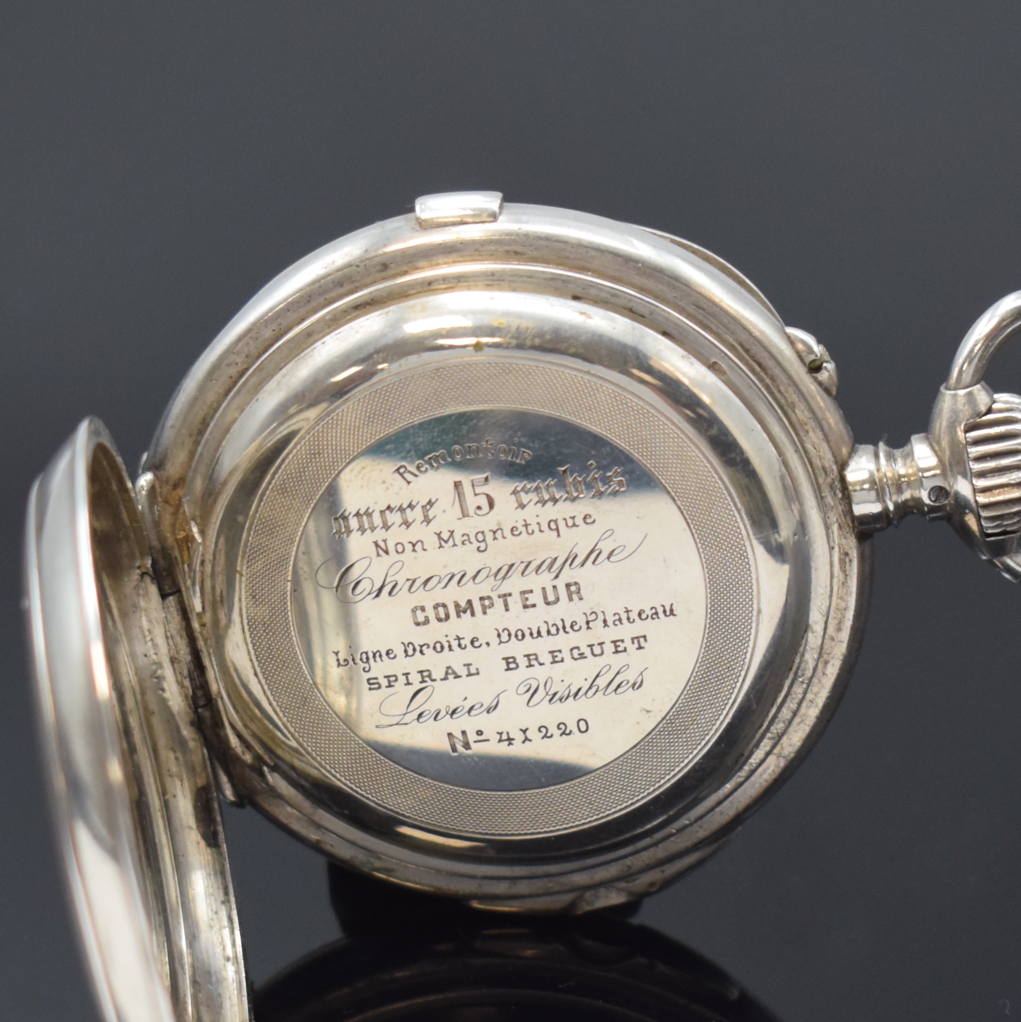 Detail c: BOVET Montre Universelle Taschenuhr mit Alleszähler in Silber, Schweiz um 1900, guill. Geh. dell., Start/Stopp-Schieber b. 3, Nullstelldrücker b. ...