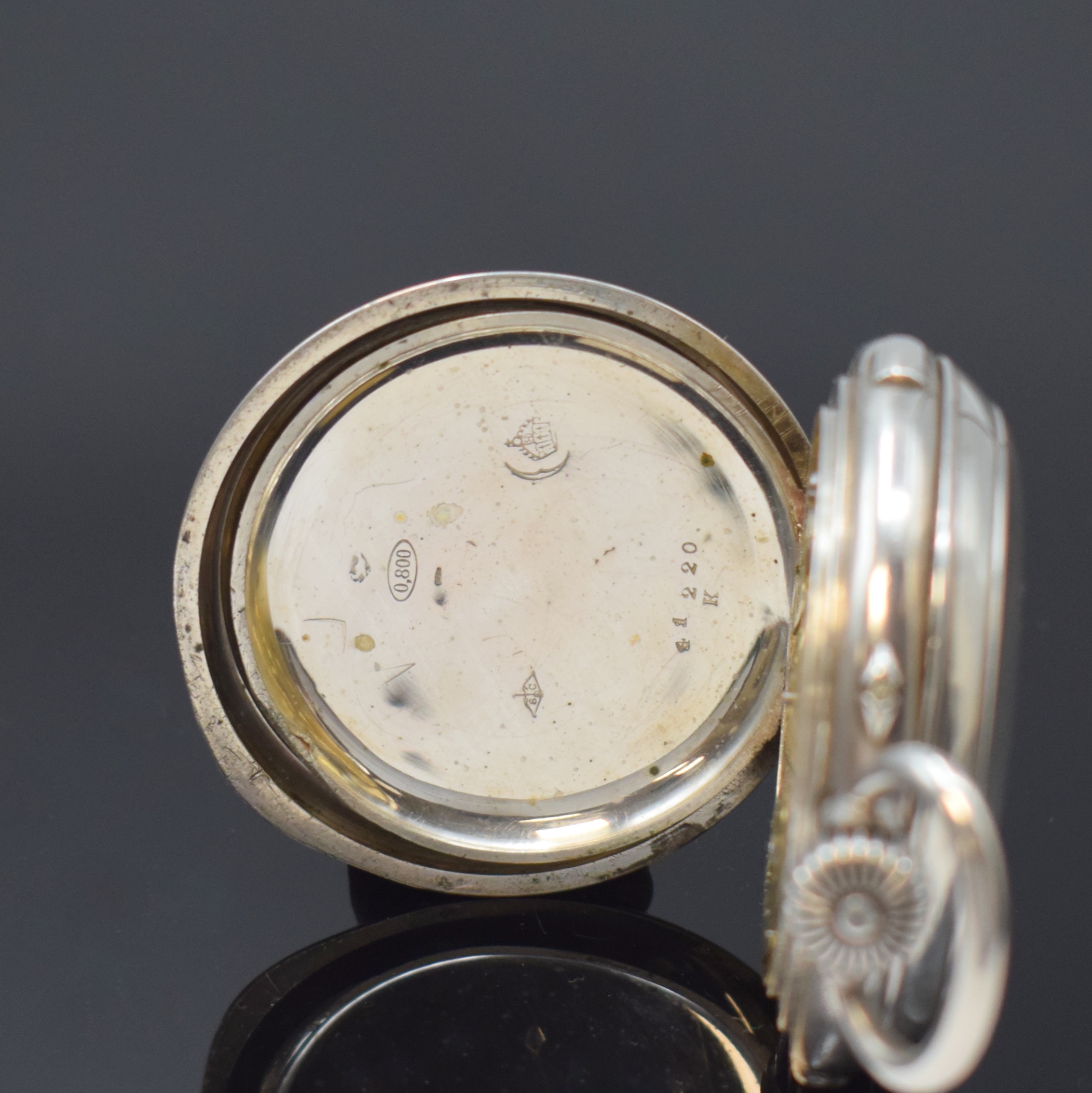 Detail d: BOVET Montre Universelle Taschenuhr mit Alleszähler in Silber, Schweiz um 1900, guill. Geh. dell., Start/Stopp-Schieber b. 3, Nullstelldrücker b. ...