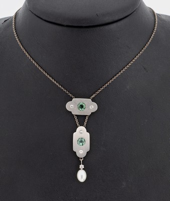 Image 26882786 - 14 kt Gold und Platin Diamant-Turmalin-Perl- Collier, GG 585/000 und Pt gepr., ...