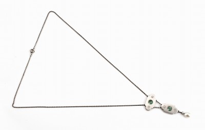 26882786a - 14 kt Gold und Platin Diamant-Turmalin-Perl- Collier, GG 585/000 und Pt gepr., ...
