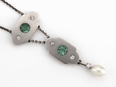 26882786c - 14 kt Gold und Platin Diamant-Turmalin-Perl- Collier, GG 585/000 und Pt gepr., ...