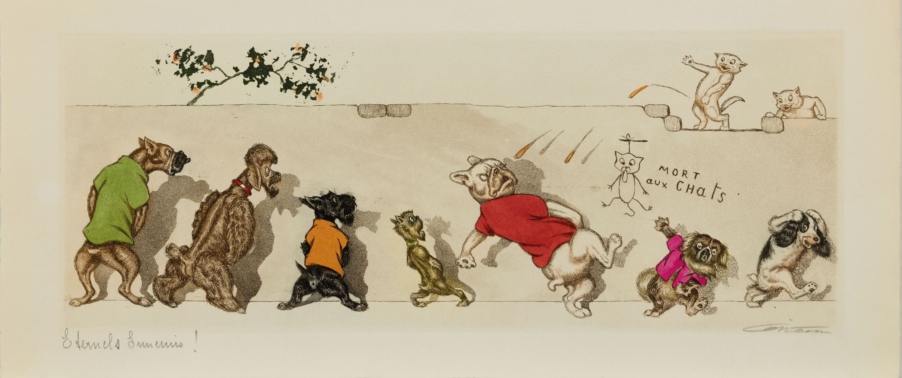 Arthur Boris Klein, 1893-1985, 4 Farbradierungen mit karikierenden Darstellungen von Hunden, betitelt: Eternel Ennemis, Oh Liberté Liberte cherie, ...