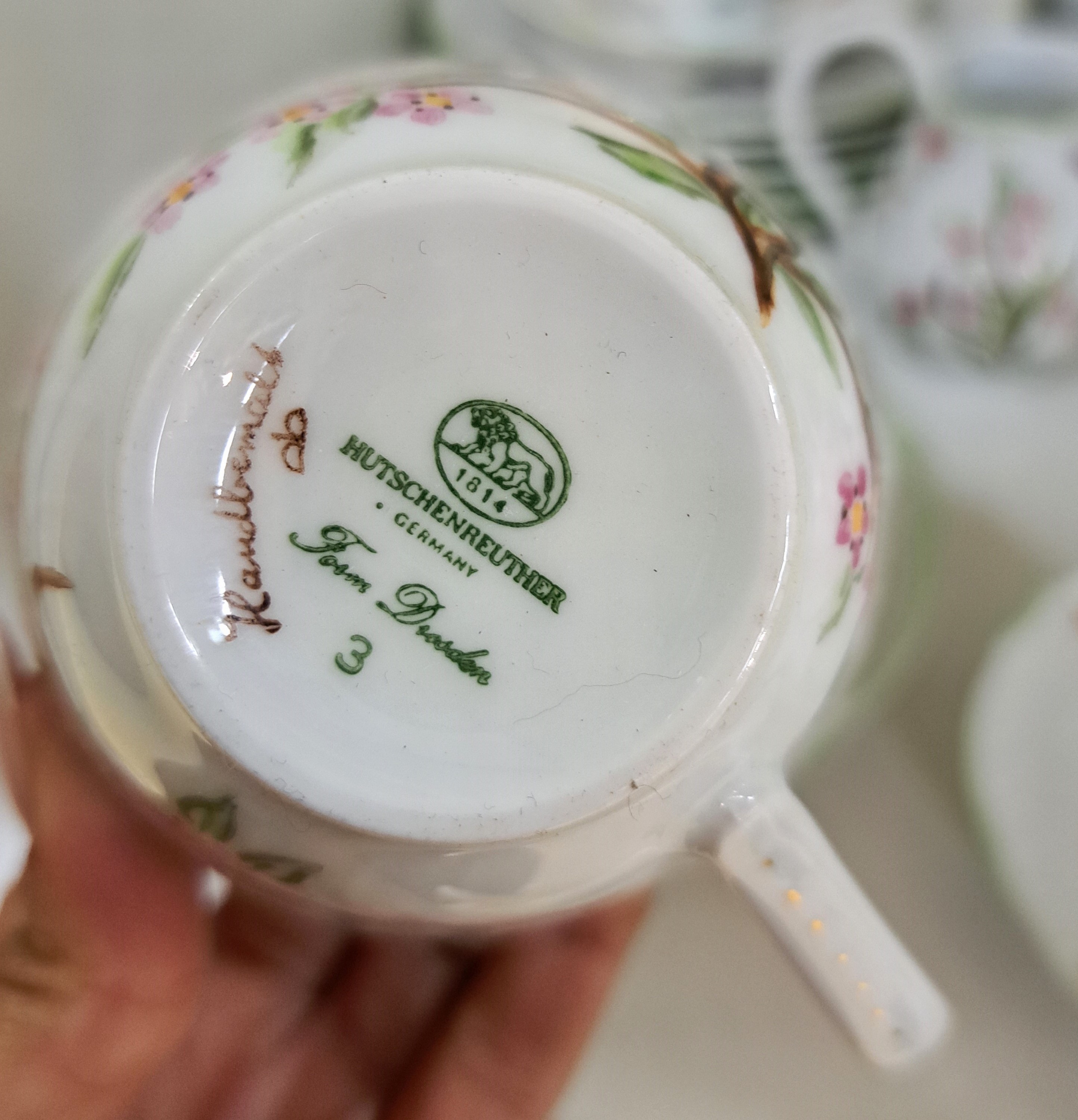 Detail f: Kaffeeservice für 6 Personen, Hutschenreuther, 20. Jh., Form Dresden, grüner Rand, Dekor von blühenden Zweigen, Vögel und Insekten, Kanne, ...