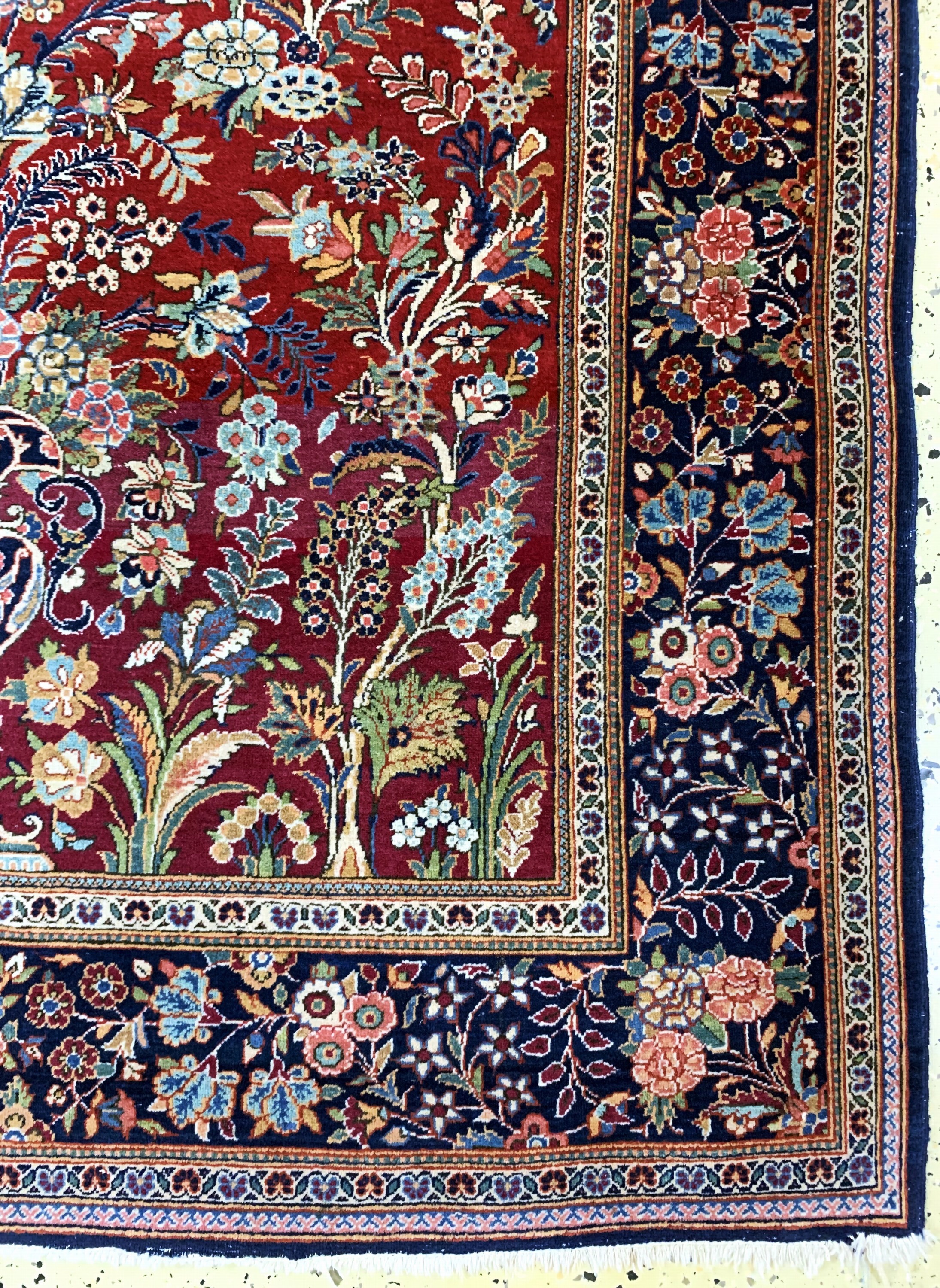 Detail a: Keschan kork fein, Persien, Anfang 20.Jhd, Korkwolle auf Baumwolle, ca. 200 x 130 cm, minimale Mottenfraß, EHZ: 2-3