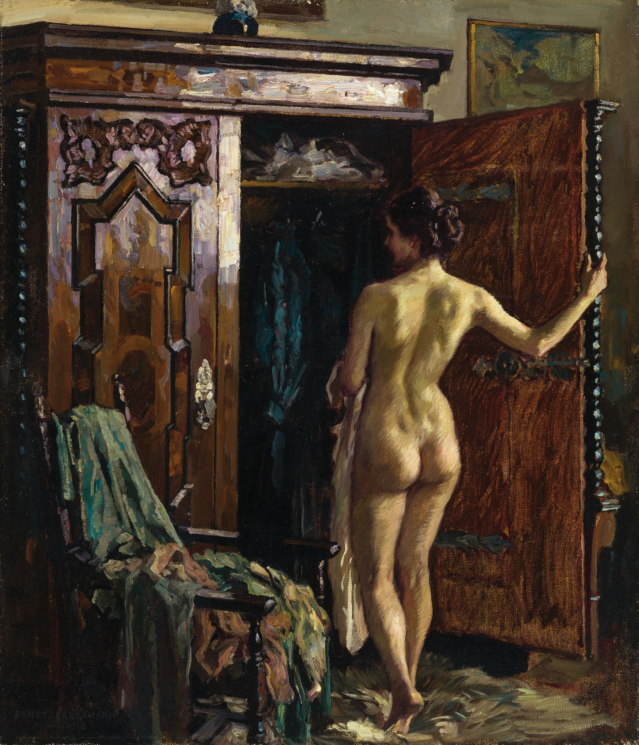 Ernst Liebermann, 1869 Langemüß-1960 Beuerberg, stehender weiblicher Akt vor einem geöffneten Barockschrank, rückseitig aufdem Keilrahmen ...