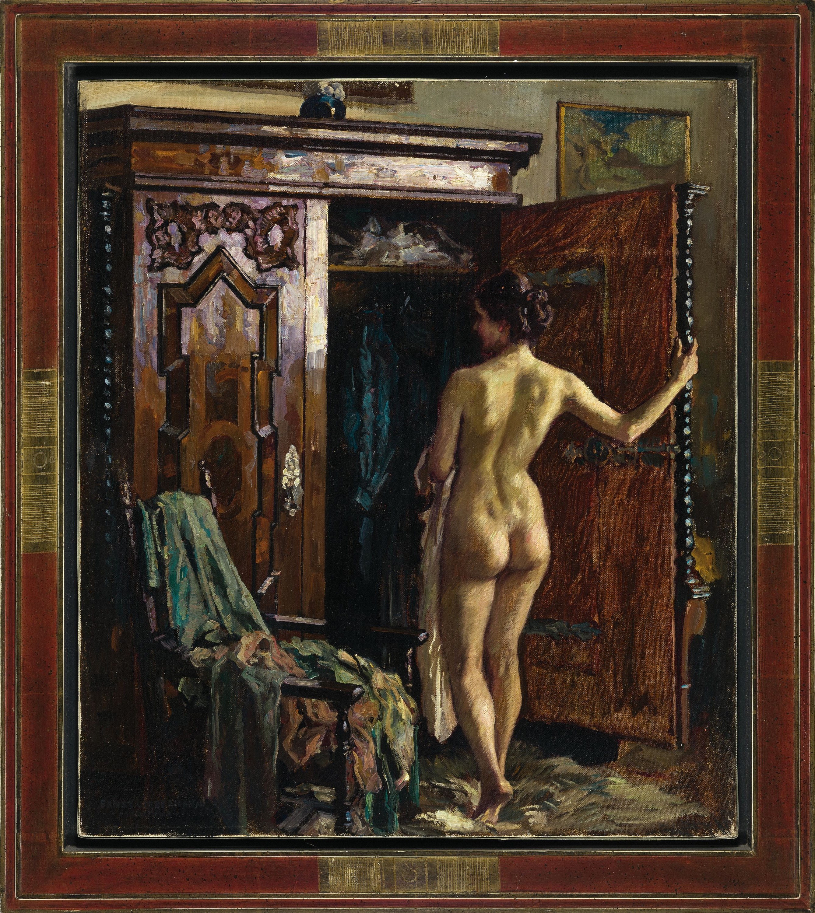 Detail k: Ernst Liebermann, 1869 Langemüß-1960 Beuerberg, stehender weiblicher Akt vor einem geöffneten Barockschrank, rückseitig aufdem Keilrahmen ...