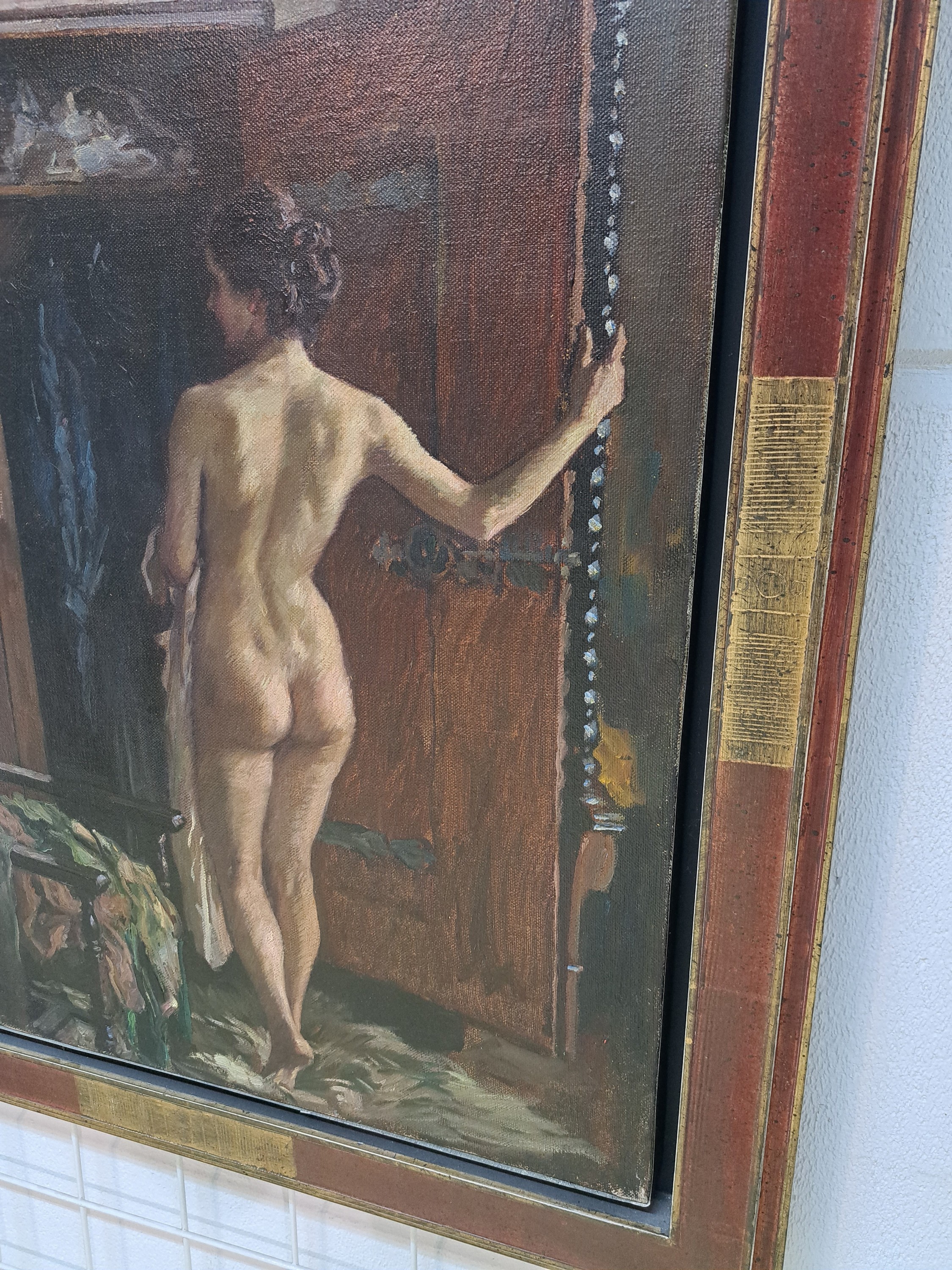 Detail n: Ernst Liebermann, 1869 Langemüß-1960 Beuerberg, stehender weiblicher Akt vor einem geöffneten Barockschrank, rückseitig aufdem Keilrahmen ...