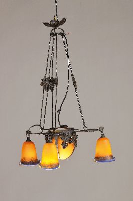 Image Ceiling lamp, Réthondes, France, around 1910- 20, wrought iron frame with chestnut ...