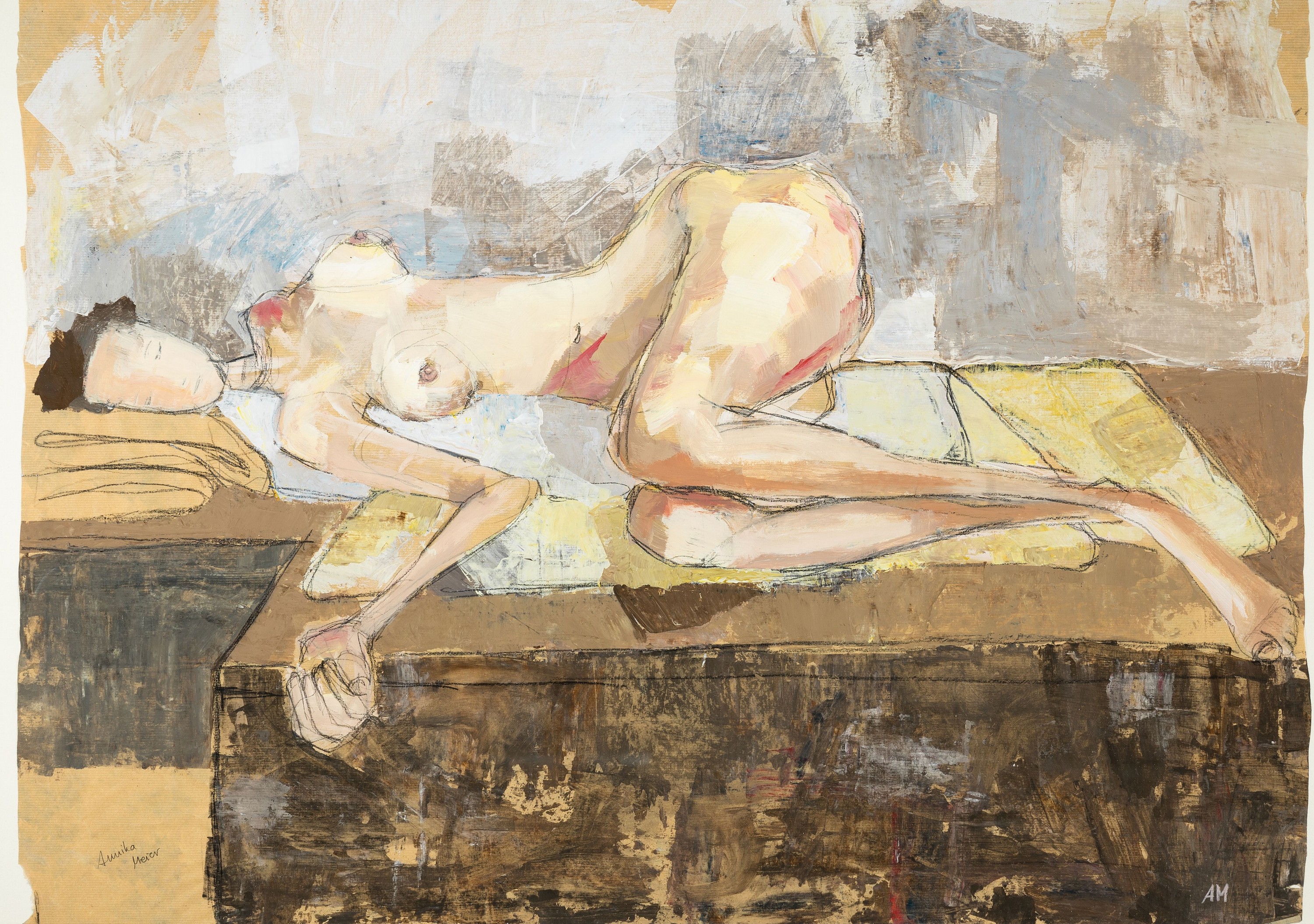 Annika Meier, zeitgenössische Künstlerin, liegender Akt, Bleistift und Gouache auf Packpapier, links unten signiert, rechts unten monogrammiert, ...
