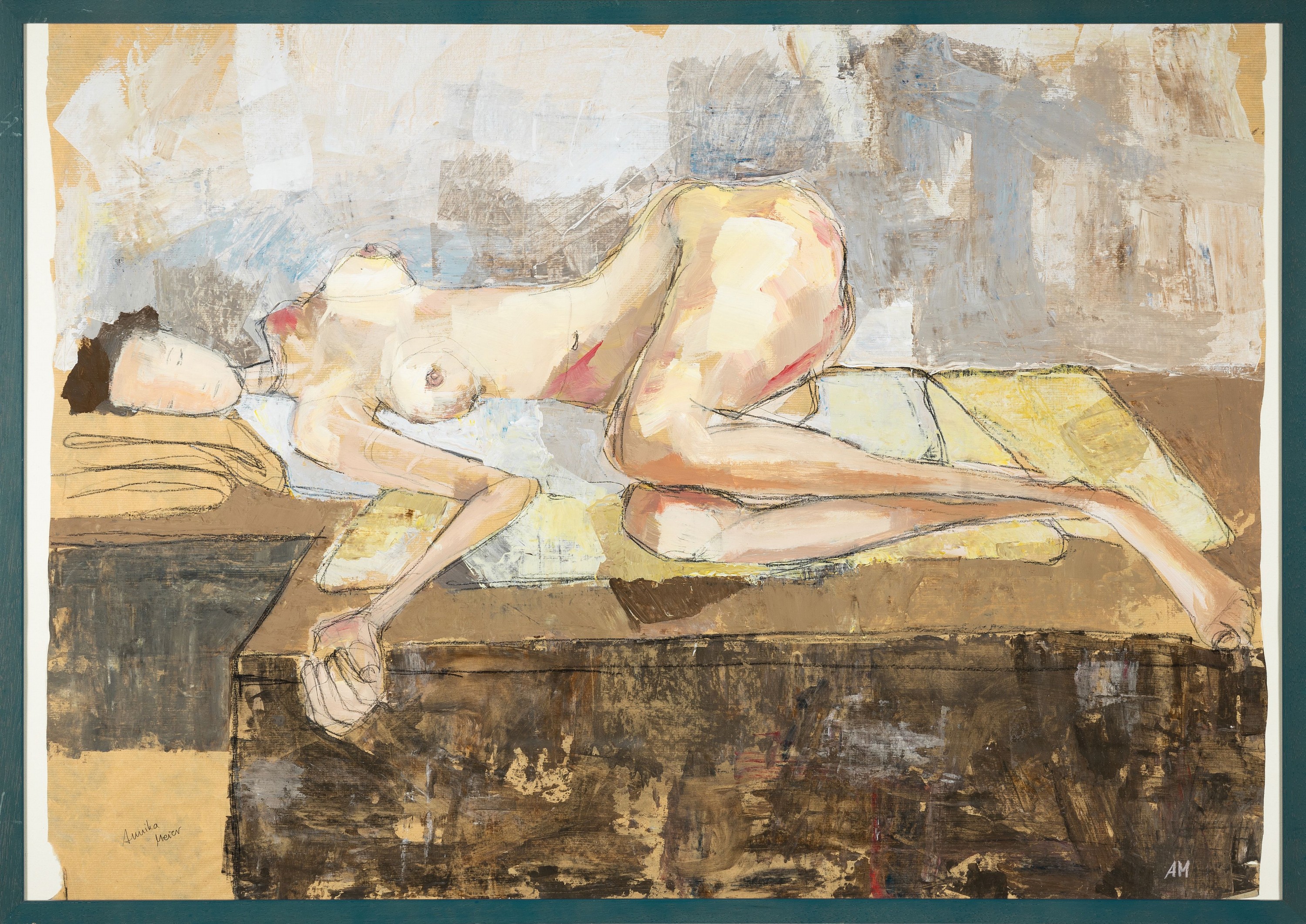 Detail k: Annika Meier, zeitgenössische Künstlerin, liegender Akt, Bleistift und Gouache auf Packpapier, links unten signiert, rechts unten monogrammiert, ...