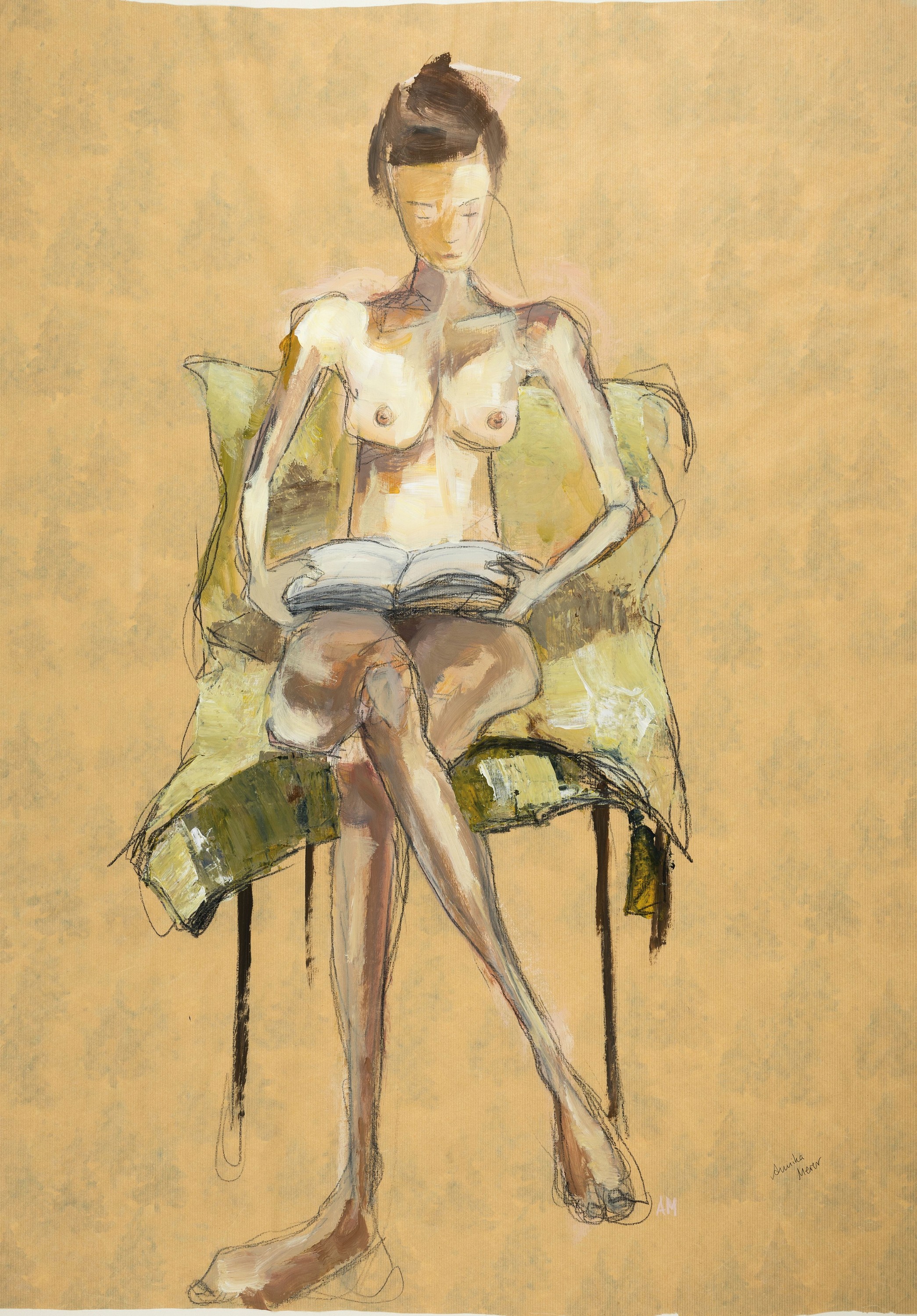 Annika Meier, zeitgenössische Künstlerin, sitzender lesender Akt, Bleistift und Gouache auf Packpapier, rechts unten signiert, ca. 97x69cm, u.Gl., ...