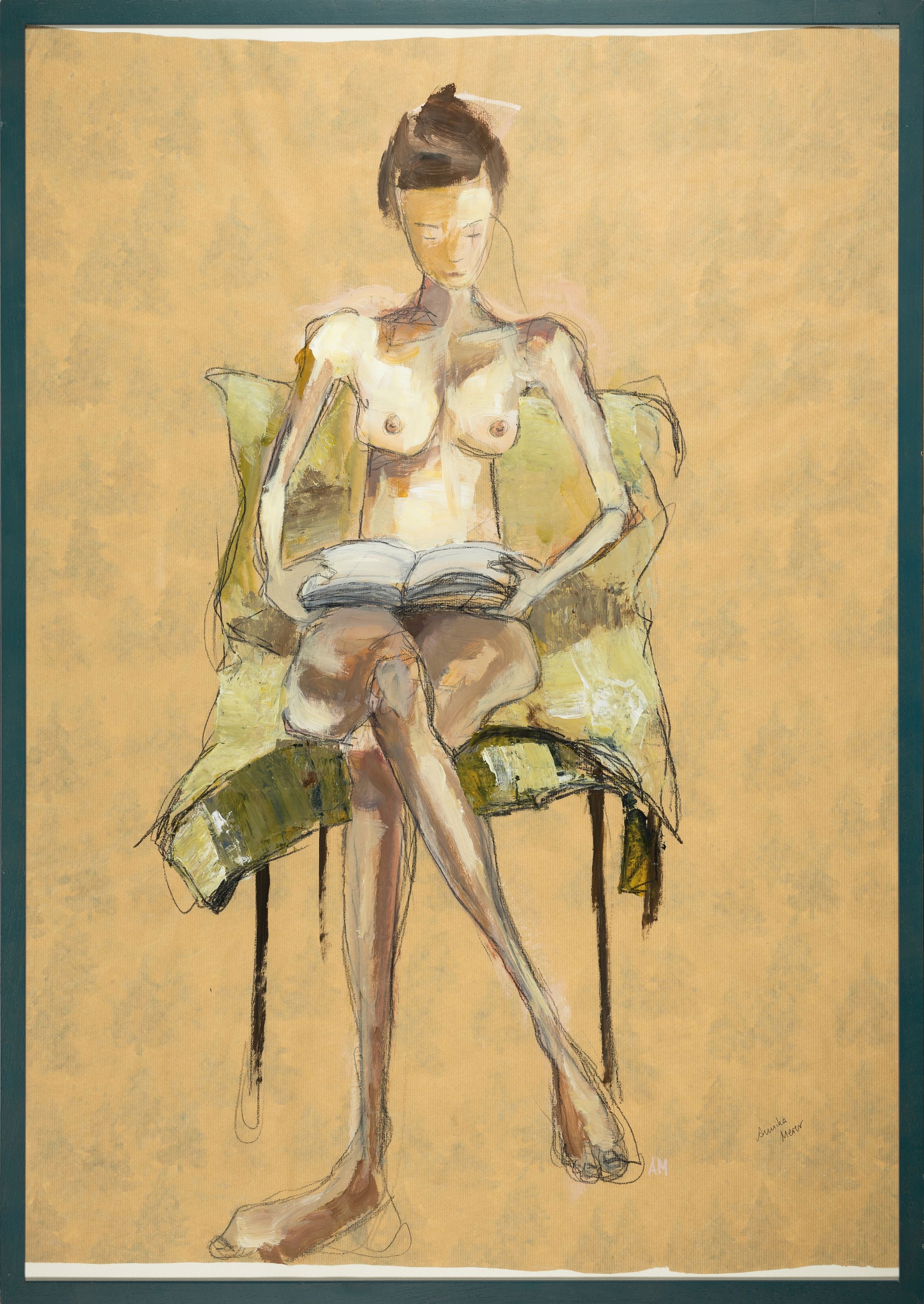 Detail k: Annika Meier, zeitgenössische Künstlerin, sitzender lesender Akt, Bleistift und Gouache auf Packpapier, rechts unten signiert, ca. 97x69cm, u.Gl., ...