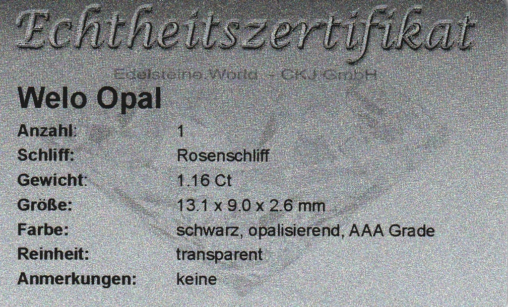 Detail b: Loser Opal, ca. 1.16 ct, Rosenschliff, intensives blau-grünes Farbspiel, 13.1 x 9.0 x2.6 mm, mit Zertifikat