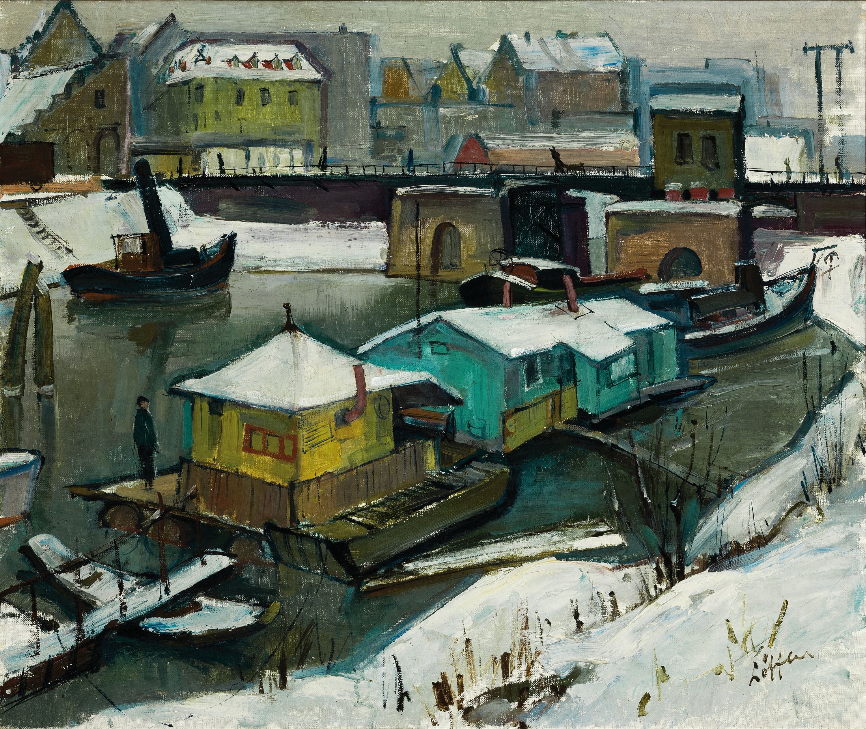 Paul Löffler, 1938-1995 Mannheim, Verschneite Stadtlandschaft mit Hausbooten, Öl/Lwd, rechts unten sign., ca. 69x82cm, R. ca. 80x93cm, dieser besch.