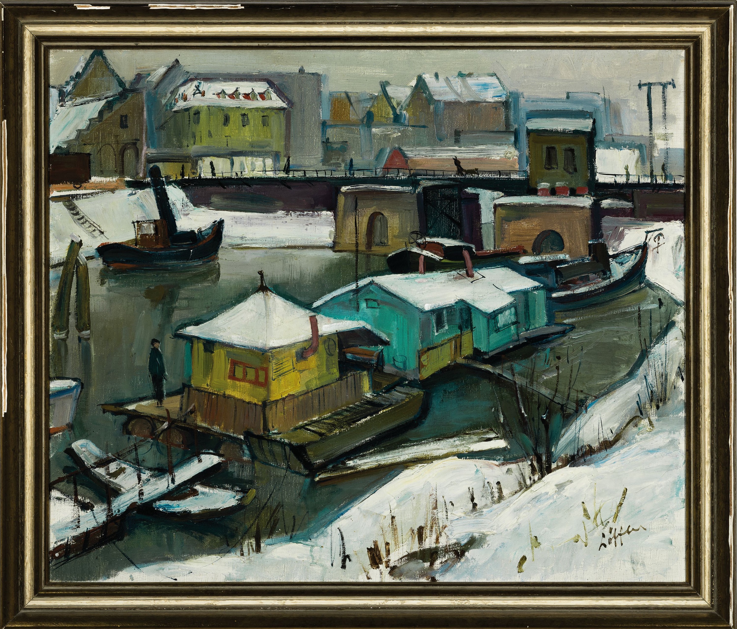 Detail k: Paul Löffler, 1938-1995 Mannheim, Verschneite Stadtlandschaft mit Hausbooten, Öl/Lwd, rechts unten sign., ca. 69x82cm, R. ca. 80x93cm, dieser besch.
