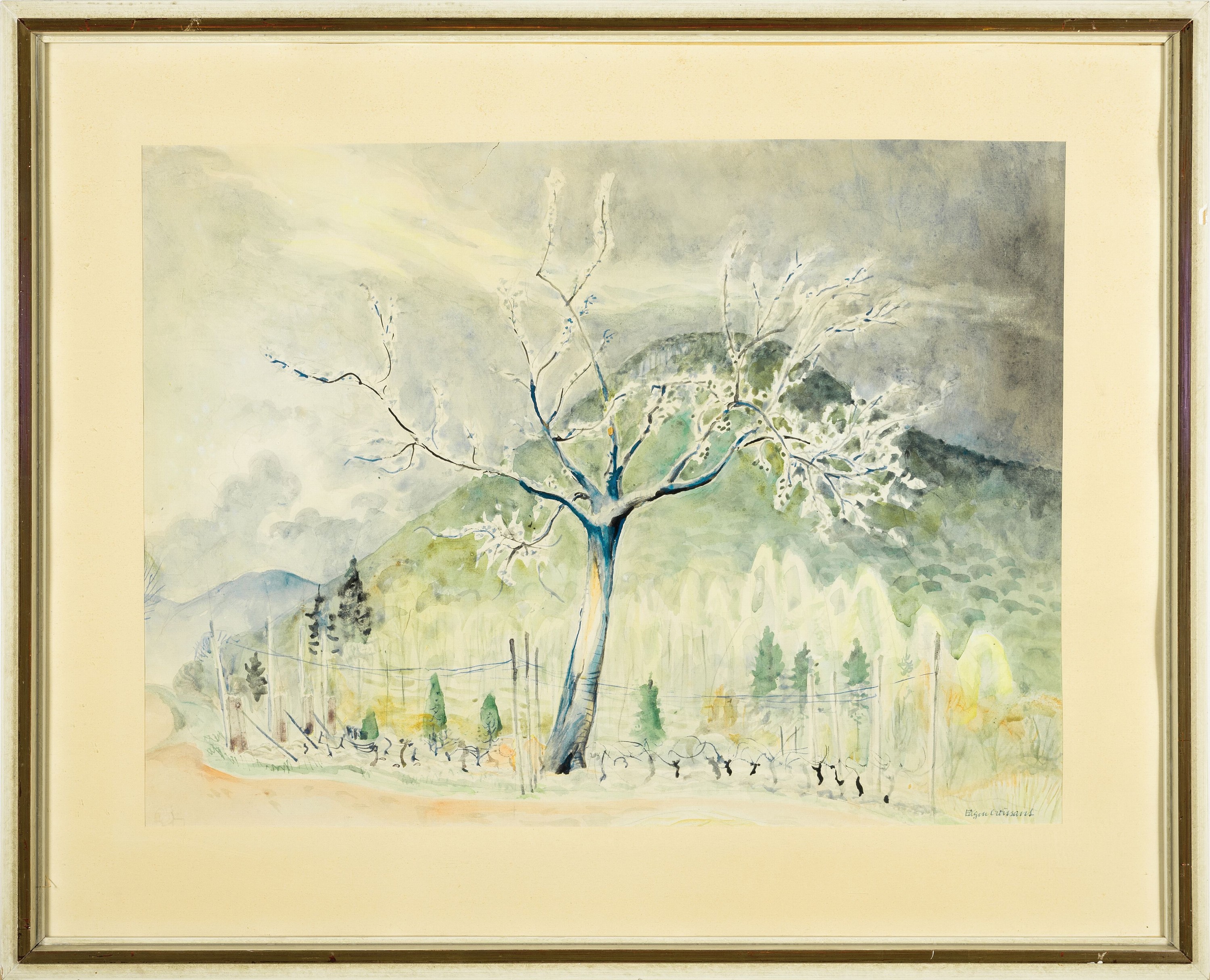 Detail k: Eugen Croissant, 1898 Landau-1976 Breitbrunn, Blühender Baum, Aquarell auf Papier,rechts unten signiert, ca. 45x60cm, PP, u.Gl., R. ca. 64x80cm