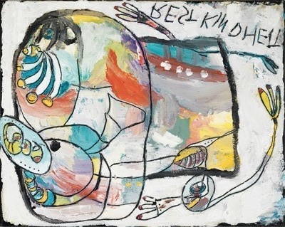 Detail k: Peter Padubrin-Thomys, geb. 1968 Halle/Saale, 2 Werke in Acryl auf Lwd, 1) Restkindheit, so in Spiegelschrift betitelt, monogr., ca. 50x40cm, 2) ...