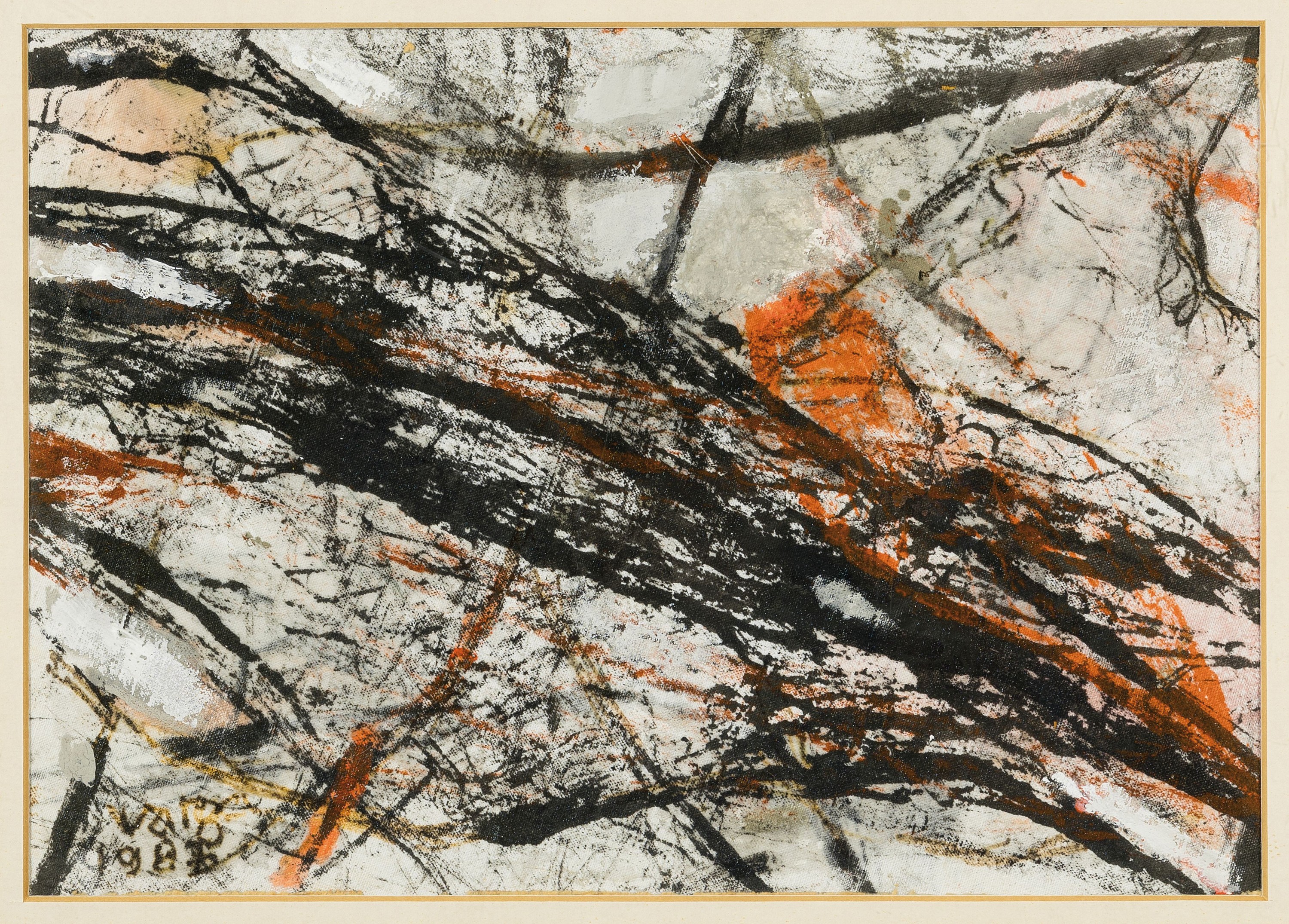 Ferenc Varga, 1906 Terezföld/Ungarn-1989 Neustadt/Wstr., ohne Titel, Mischtechnik aufStoff, links unten sign. und dat. 1986, ca. 21x30cm, PP, u.Gl., ...