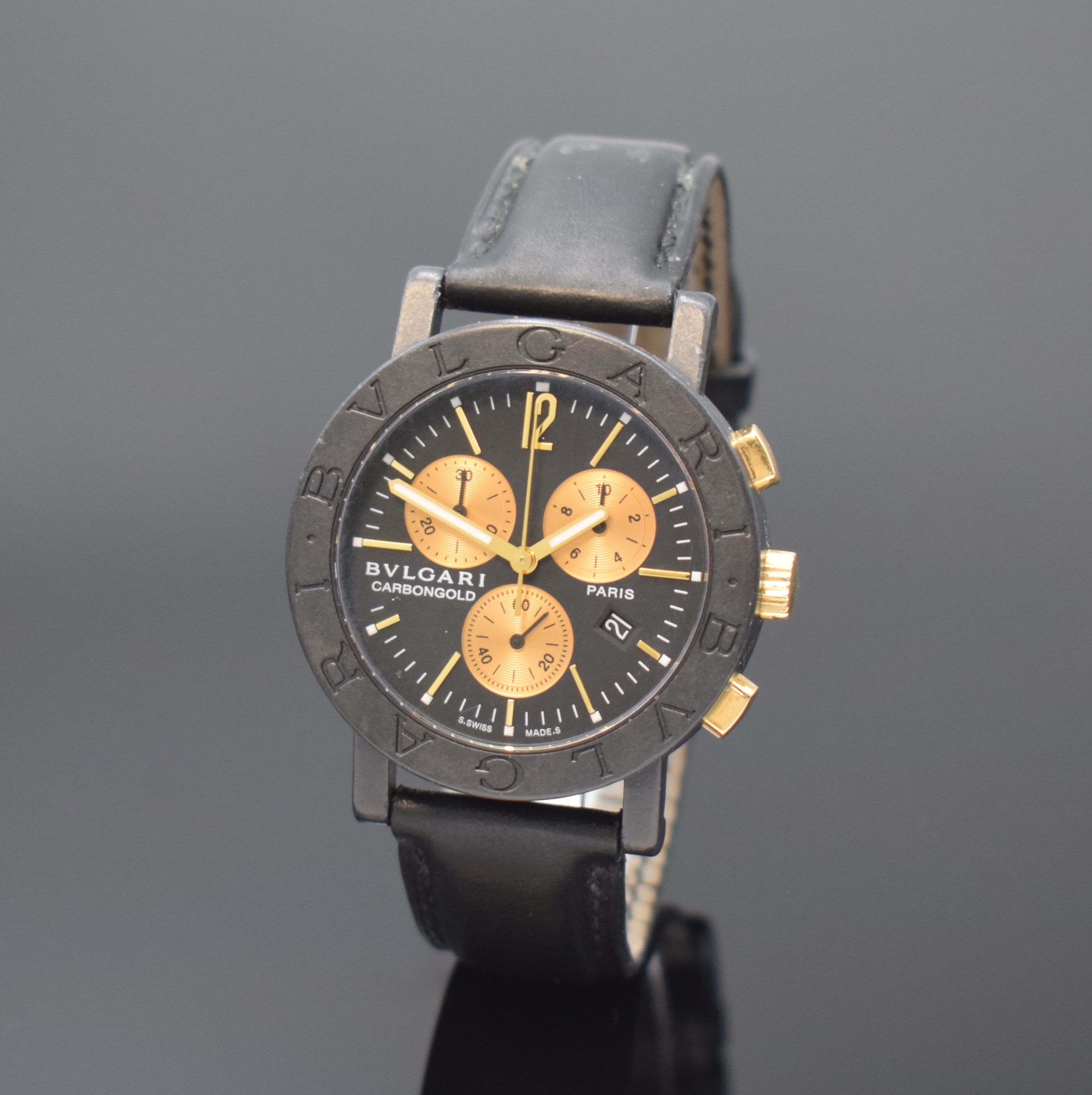 BULGARI Carbongold auf 999 Stück limitierter Armbandchronograph Referenz BB 38 CL CH Paris-Edition, Schweiz um 2010, quarz, Carbon- Geh. inkl. orig. ...