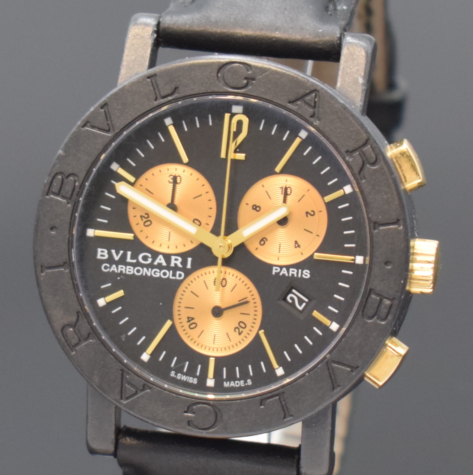Detail a: BULGARI Carbongold auf 999 Stück limitierter Armbandchronograph Referenz BB 38 CL CH Paris-Edition, Schweiz um 2010, quarz, Carbon- Geh. inkl. orig. ...