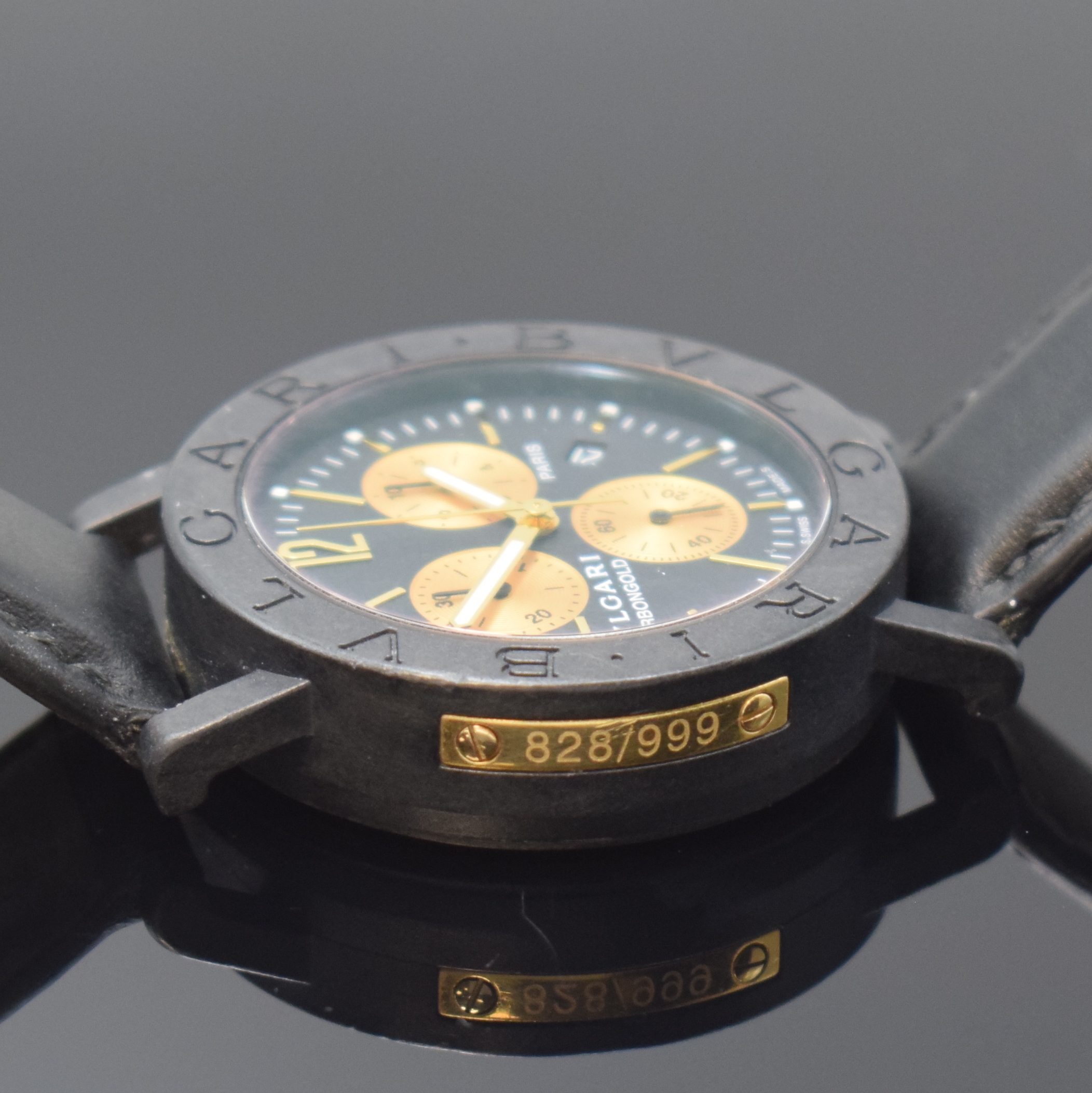 Detail d: BULGARI Carbongold auf 999 Stück limitierter Armbandchronograph Referenz BB 38 CL CH Paris-Edition, Schweiz um 2010, quarz, Carbon- Geh. inkl. orig. ...