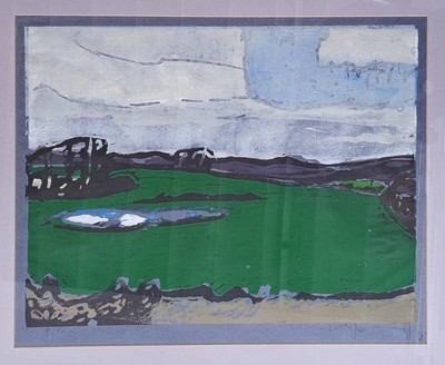 Image Klaus Fußmann, geb. 1938 Velbert, Landschaft, Farblinolschnitt auf blaugrauem ...