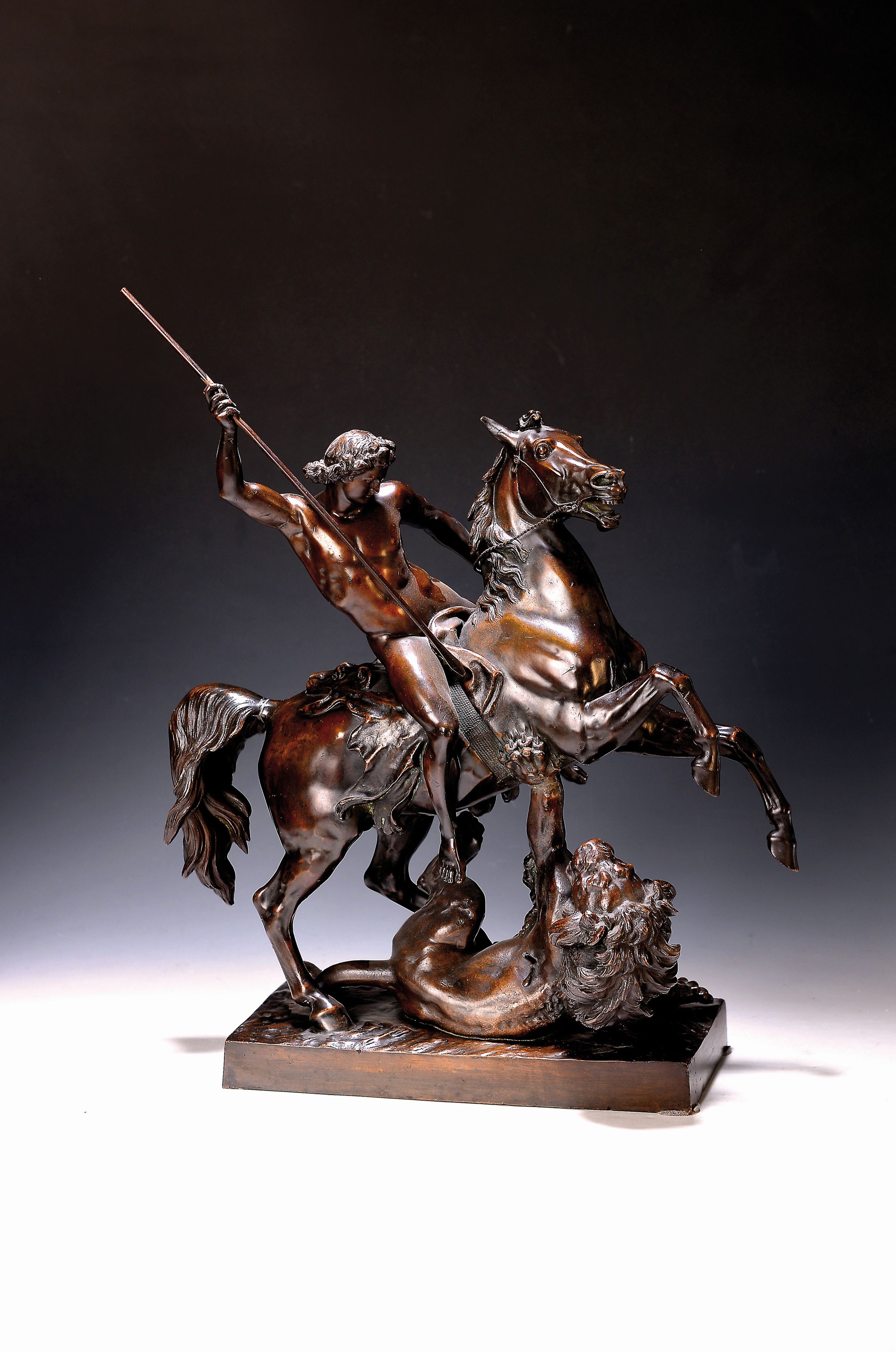 Albert Wolff, 1815 Neustrelitz-1892 Berlin, Löwenkämpfer zu Pferd, Bronze, nach der Monumentalen Bronze an der Freitreppe des alten Museums am ...