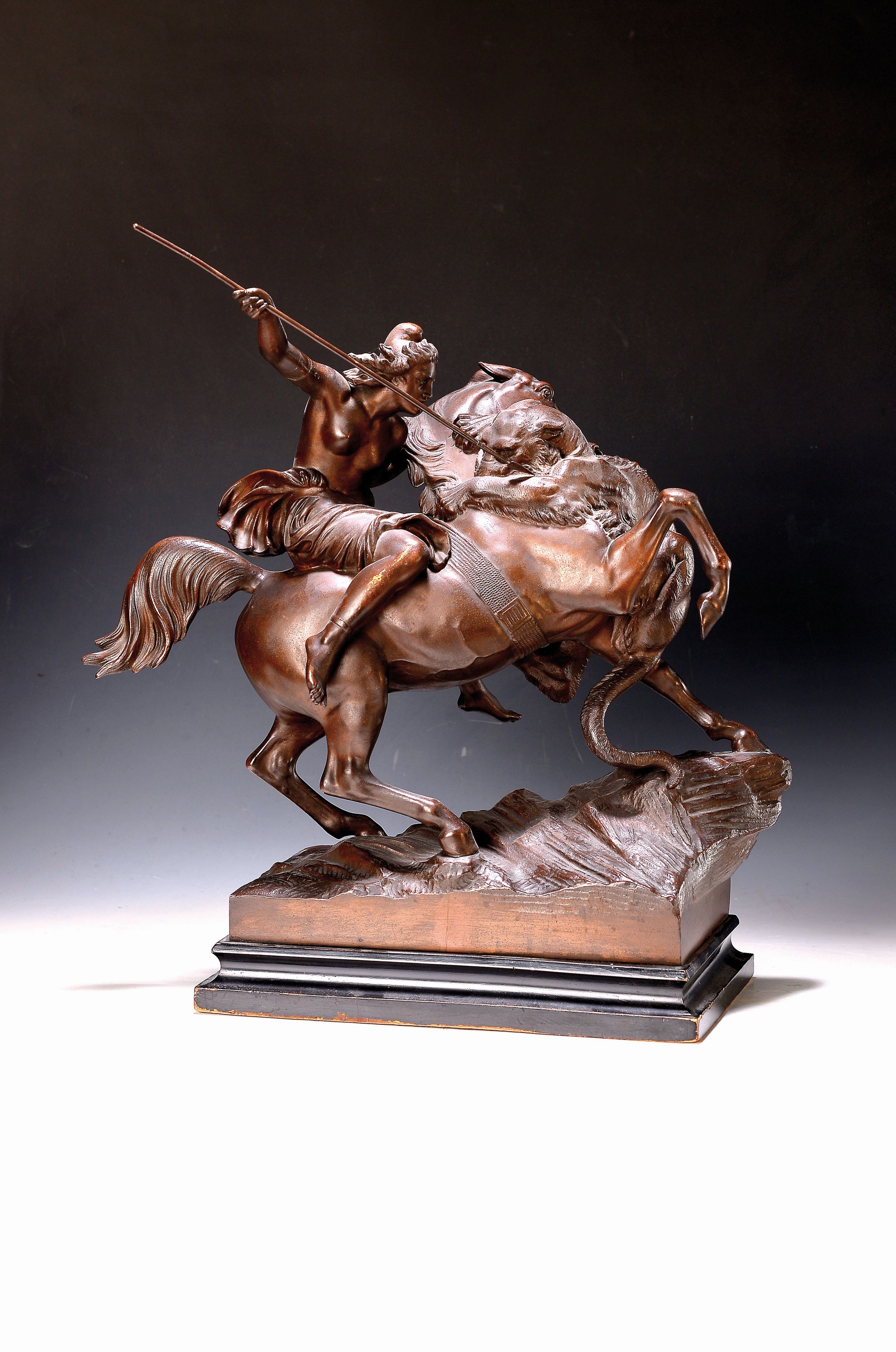 August Kiss, 1802 Paprotzan-1865 Berlin, Amazone im Kampf mit einem Panther, Bronze, am Sockel bez. Aktien-Gesell. Gladenbeck & Sohn, nach der ...