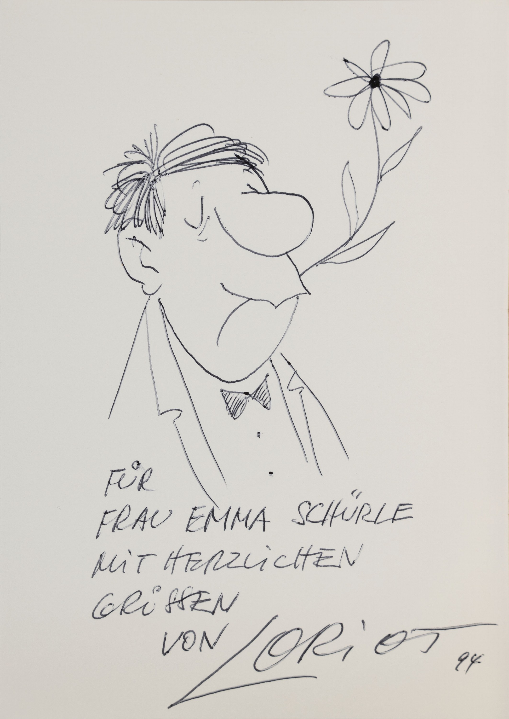 Loriot (Vicco von Bülow), 1923-2011, Zeichnung eines Knollennasenmännchens mit Blume, handschriftl. Widmung: für Frau Emma Schürle mit herzlichen ...