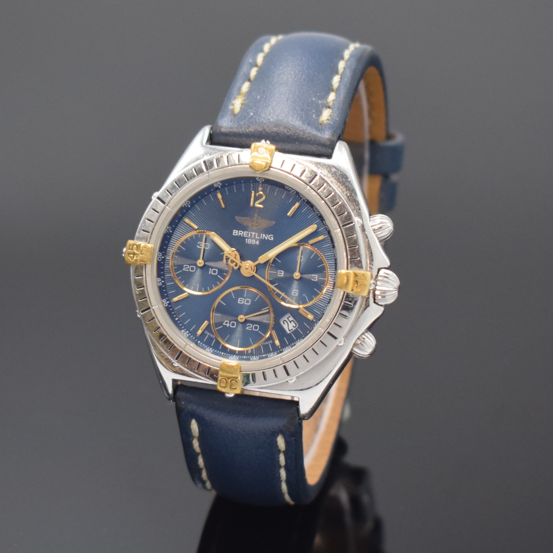 BREITLING Armbandchronograph Sextant in Stahl Referenz B55046, Schweiz um 1995, quarz, Boden u. Krone verschr., orig. Lederband m. Dornschl., ...