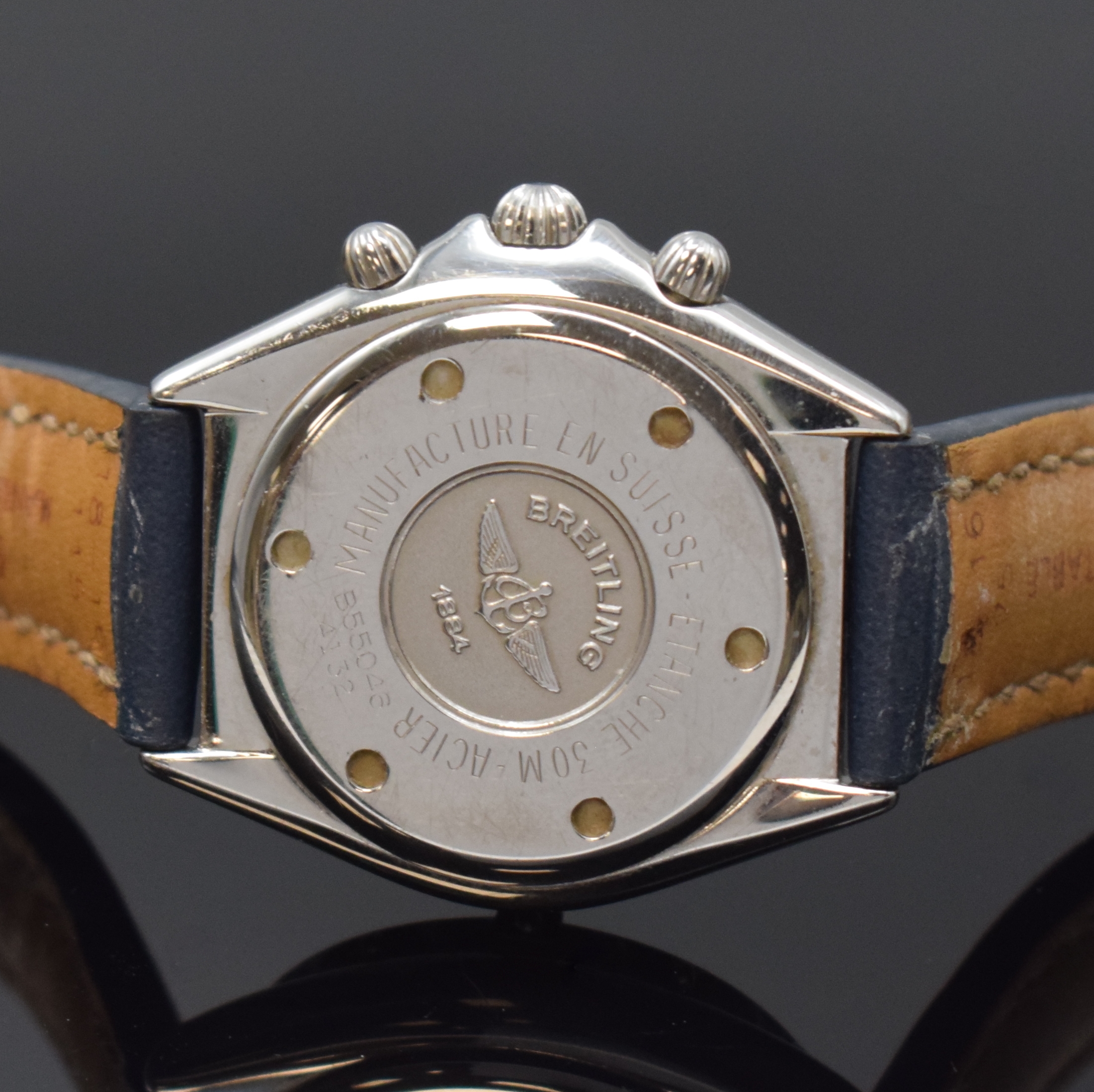 Detail d: BREITLING Armbandchronograph Sextant in Stahl Referenz B55046, Schweiz um 1995, quarz, Boden u. Krone verschr., orig. Lederband m. Dornschl., ...