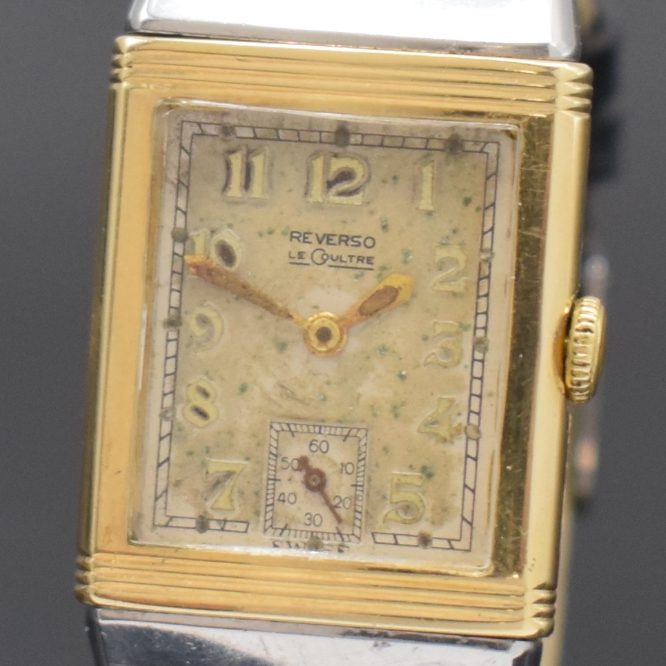 Detail a: LeCoultre frühe Reverso Herrenarmbanduhr in Stahl und GG 585/000 kombiniert, Schweiz um 1938, um 180 Grad drehb. Geh., Rückseitige Gravur von 1938, ...