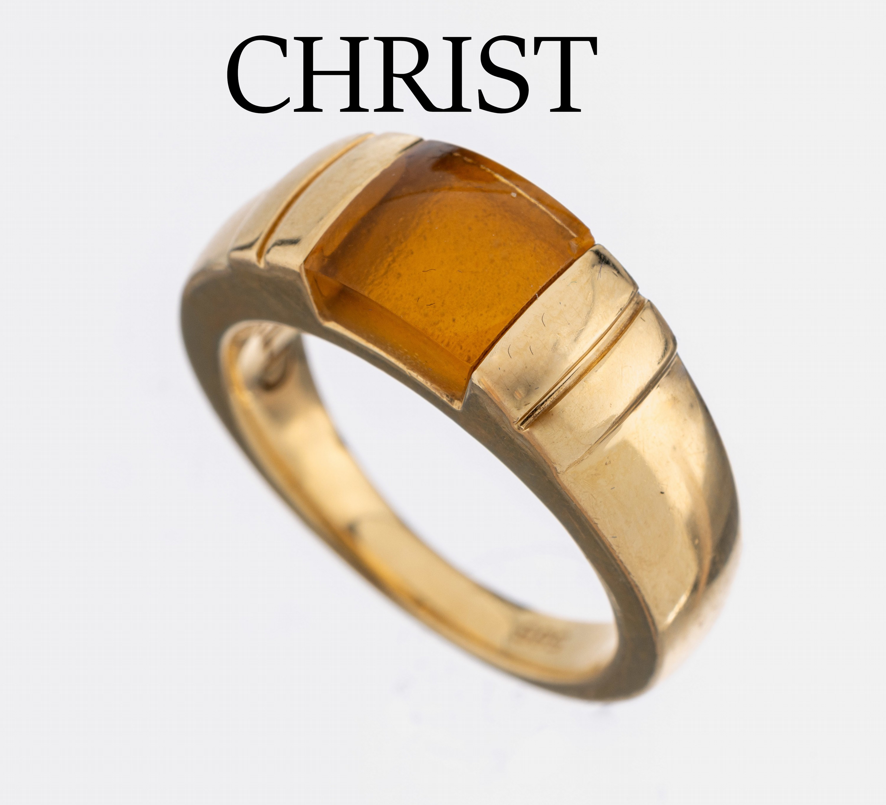 14 kt Gold CHRIST Ring, GG 585/000, citrinfarb. Glasstein besch., RW 58, ca. 8.9 g