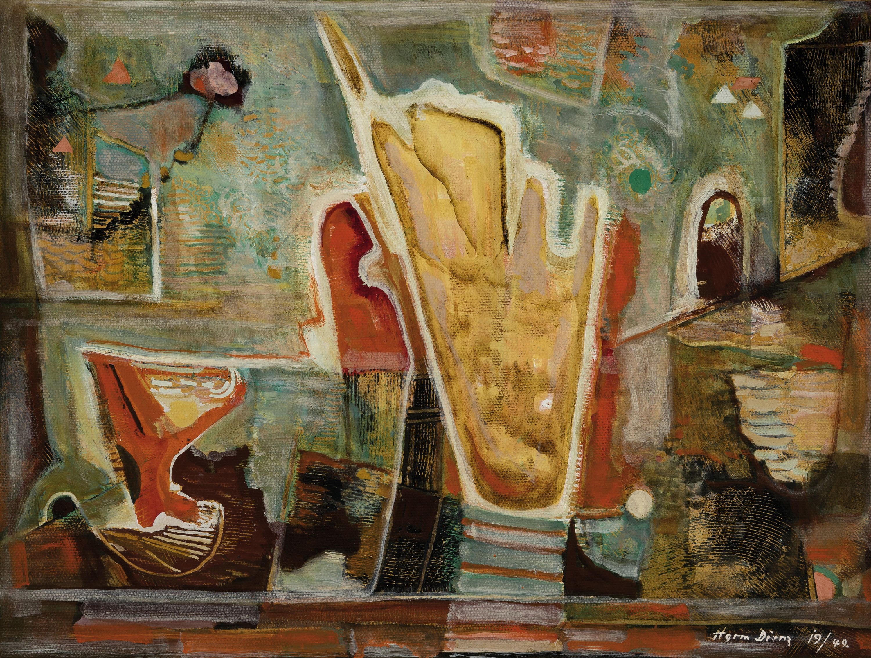 Hermann Dienz, 1891 - 1980, abstrakte Darstellung, Öl/Karton, rechts unten signiert und 1949, ca. 30 x 39.5 cm, Rahmen: 35.5 x 45 cm, das Gemälde ...