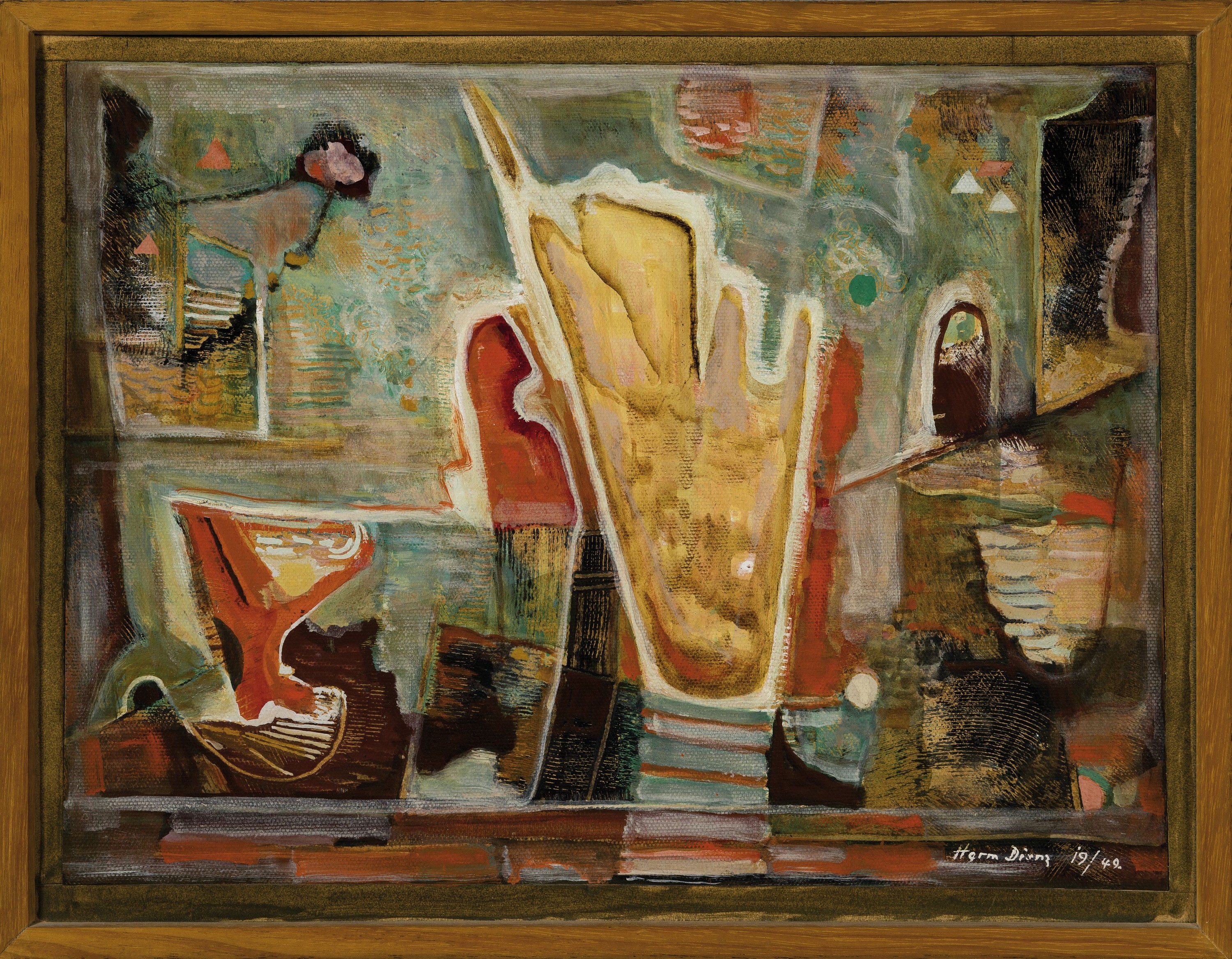 Detail k: Hermann Dienz, 1891 - 1980, abstrakte Darstellung, Öl/Karton, rechts unten signiert und 1949, ca. 30 x 39.5 cm, Rahmen: 35.5 x 45 cm, das Gemälde ...