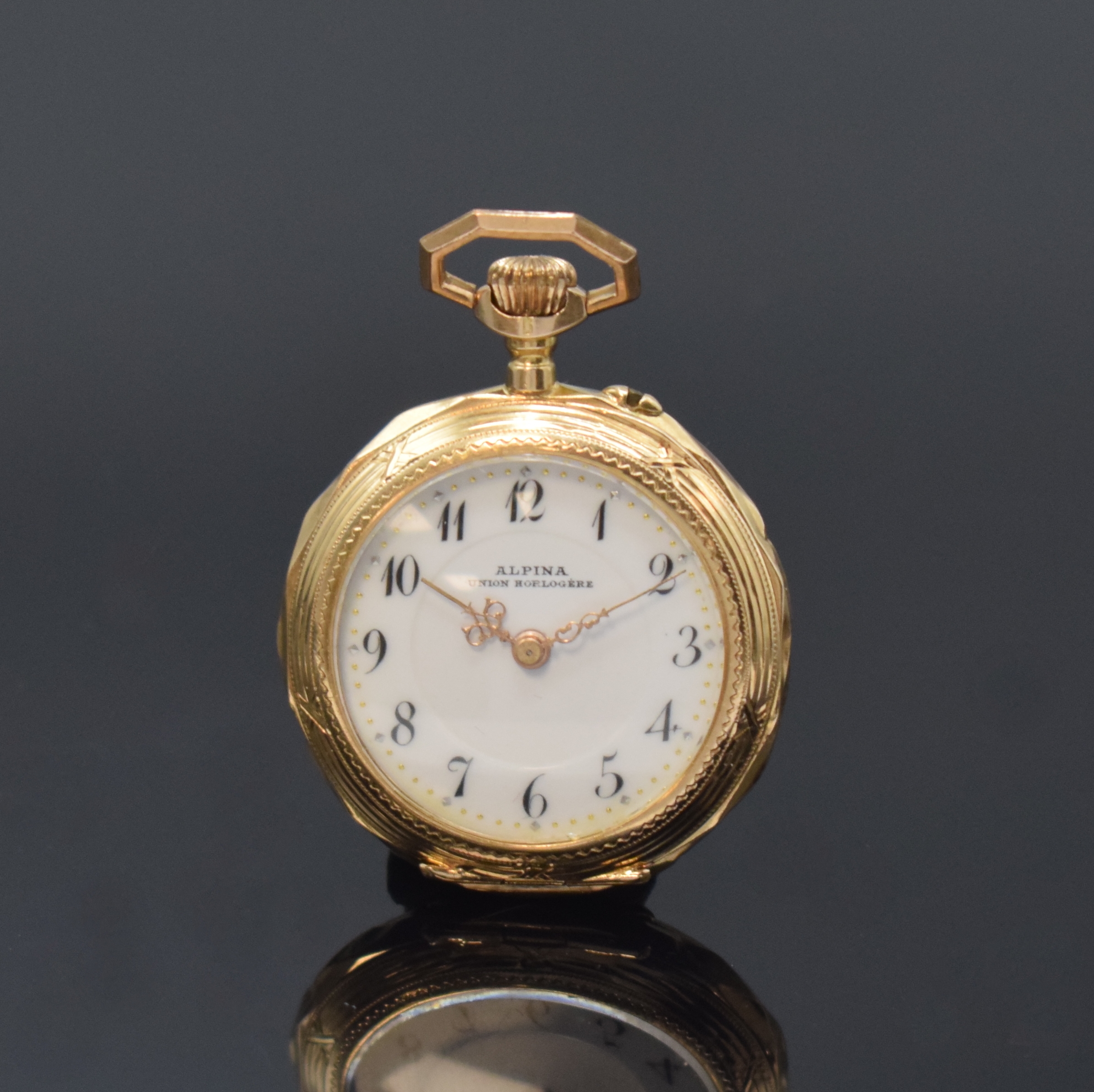 Detail a: ALPINA UNION HORLOGERE offene Damentaschenuhr in RoseG 585/000 mit vergoldeter Haltespange und Zugglieder, Schweiz um 1905, Geh. l. dell., guill. ...